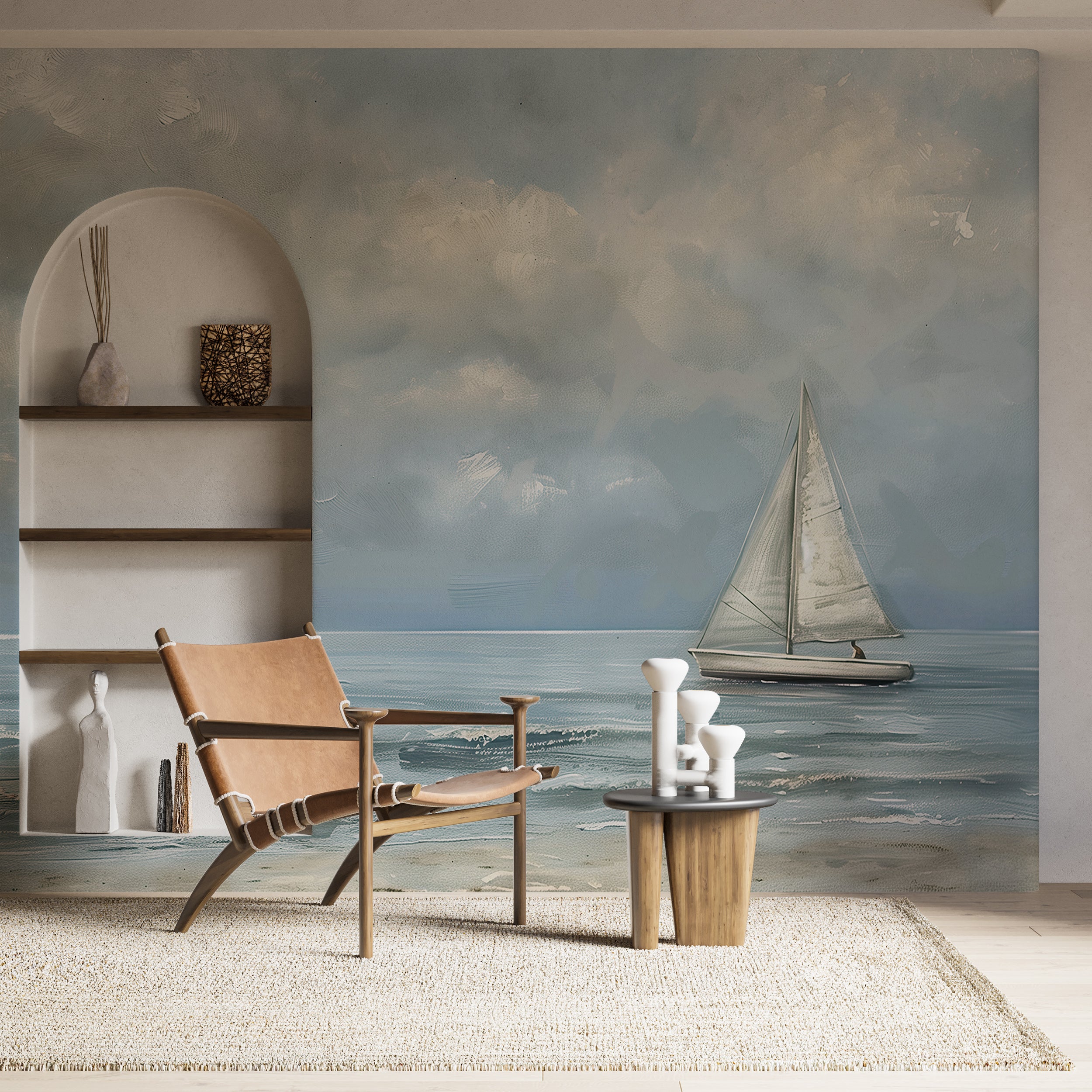 Cloudy ocean peel and stick wall mural White sailboat watercolor sea wallpaper