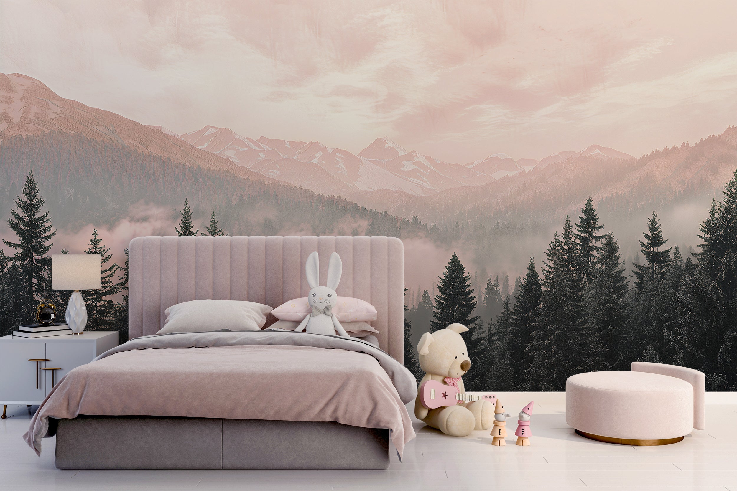 Nursery mountain and forest mural Peel and stick foggy nature wallpaper