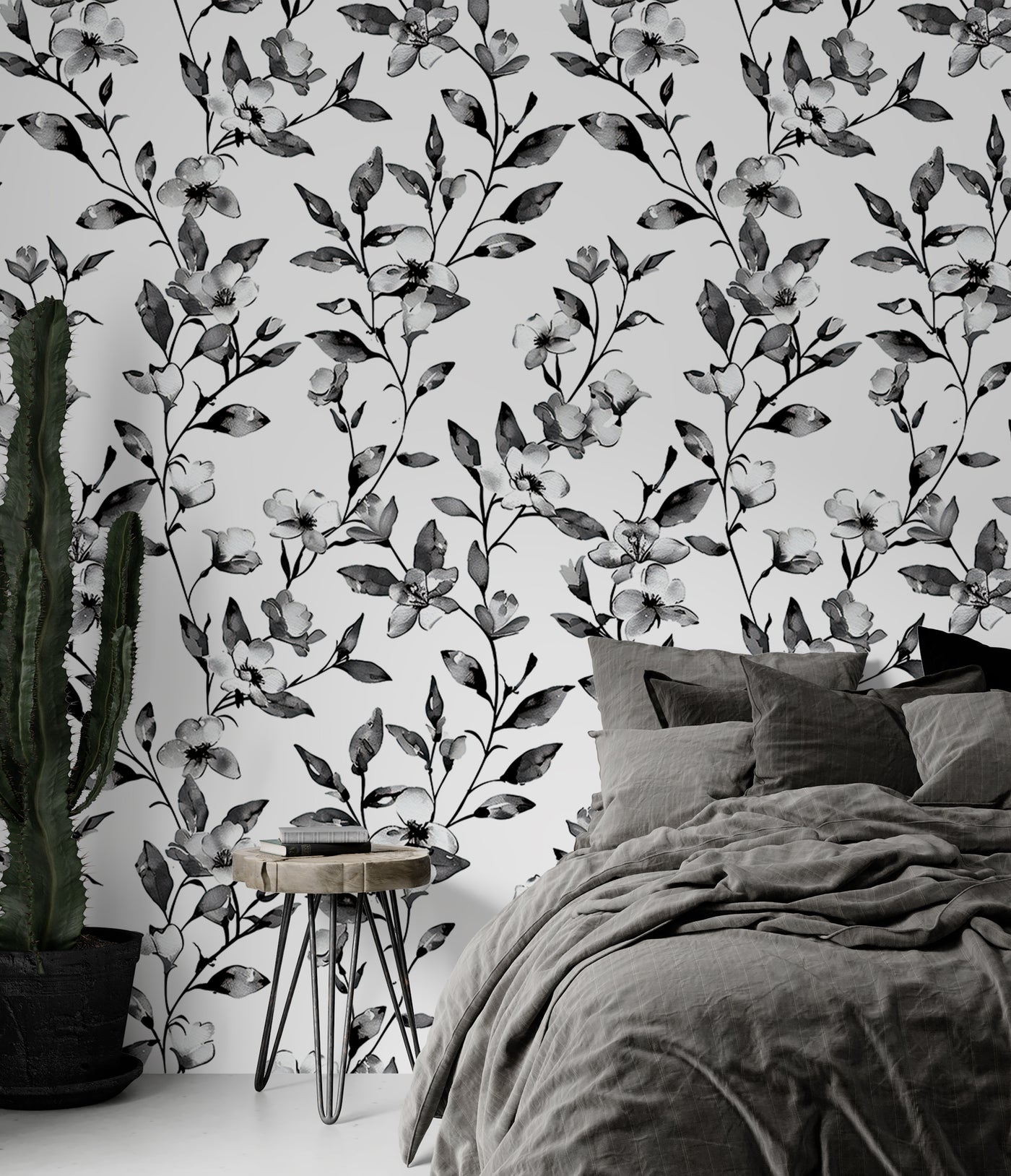 Black and White Botanical Wallpaper - Monochrome Floral Wallpaper