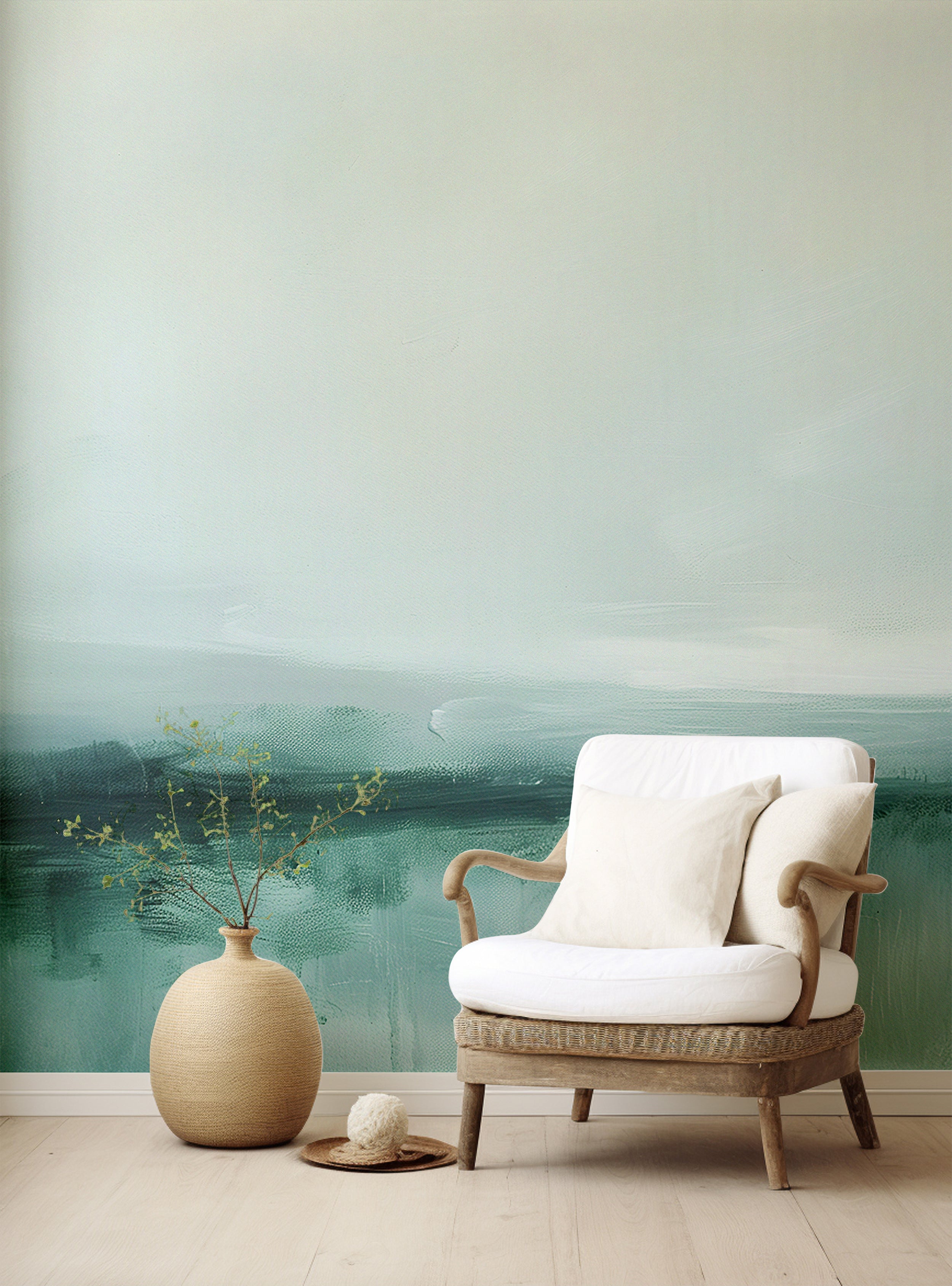 Soft green abstract ocean wall mural Oil painting style sea horizon wallpaper