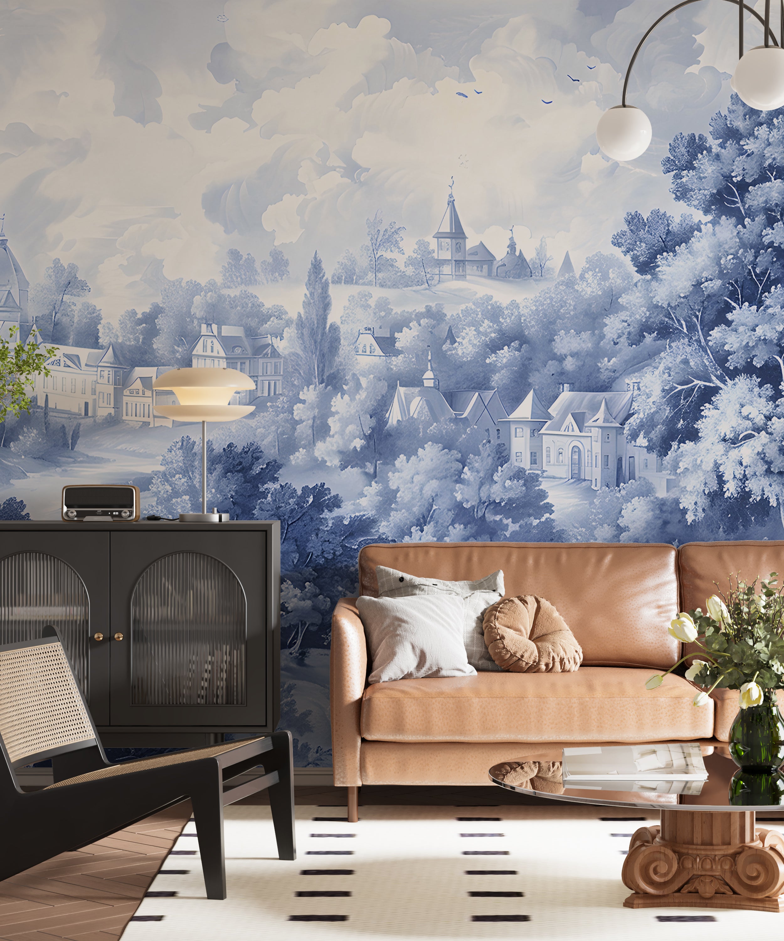 Blue Toile de Jouy peel and stick mural Removable blue monochrome wall decor