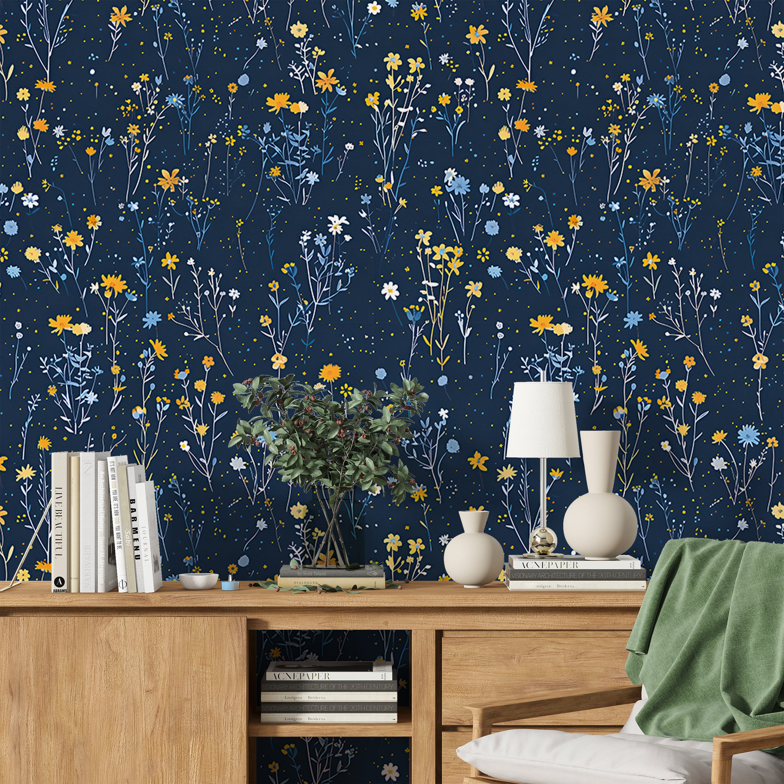 Small flowers on dark blue wallpaper Removable navy blue botanical wall decor