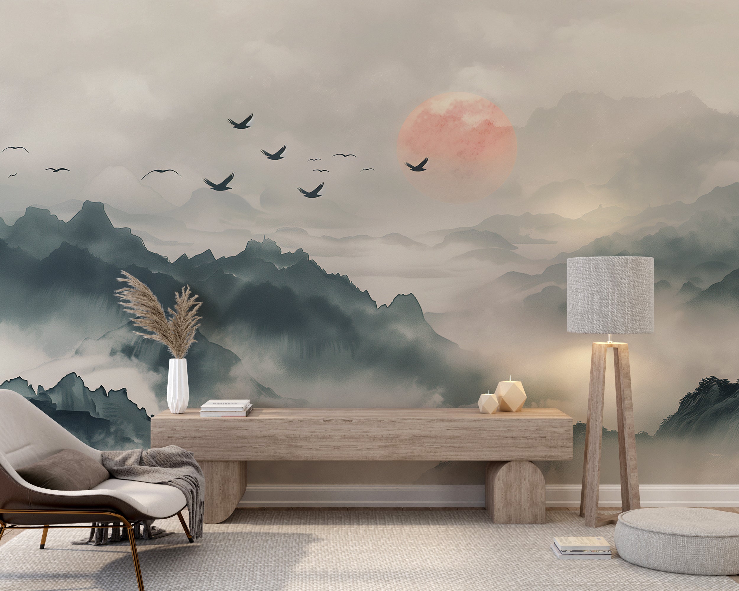 Soft sun and green mountain mural Watercolor landscape removable wallpaper