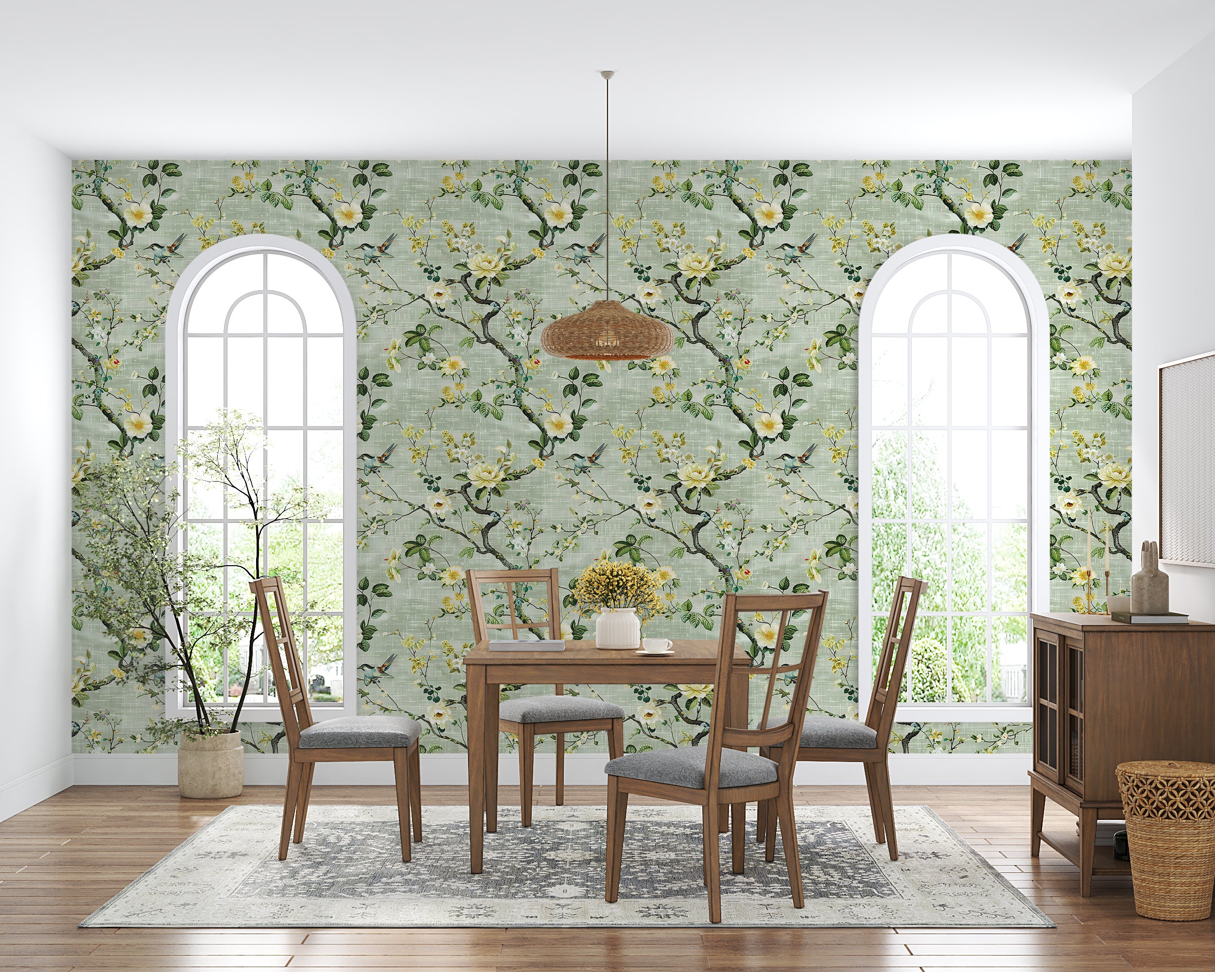 Muted green chinoiserie wallpaper Linen texture background floral wallpaper