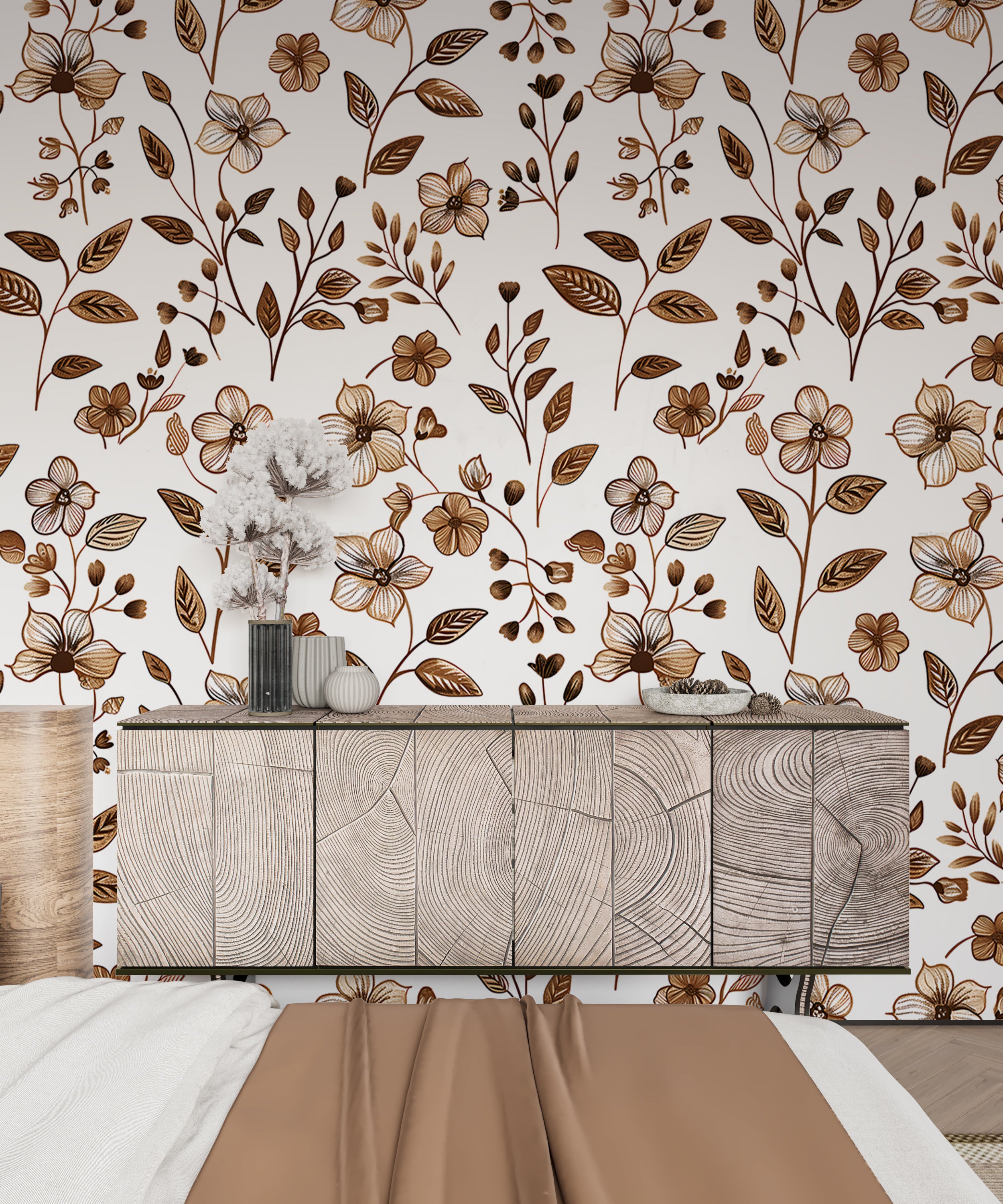 Brown and white botanical wallpaper Minimalistic floral wallpaper