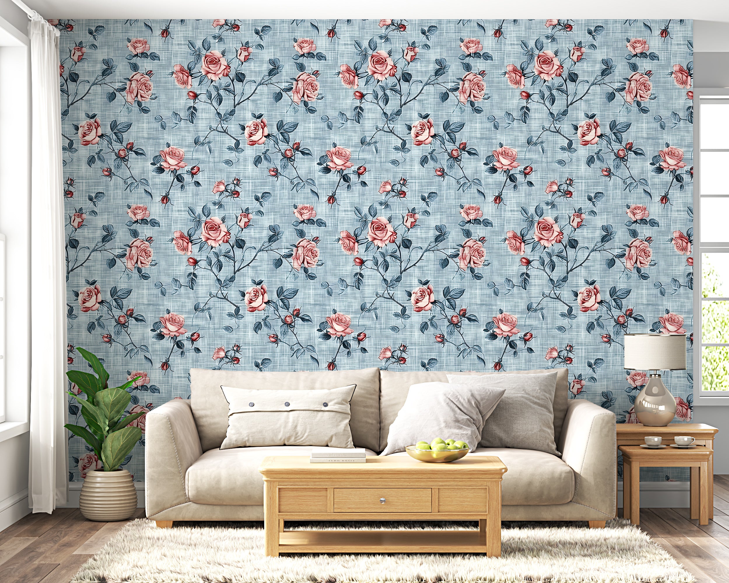 Soft pink and blue floral peel and stick wallpaper