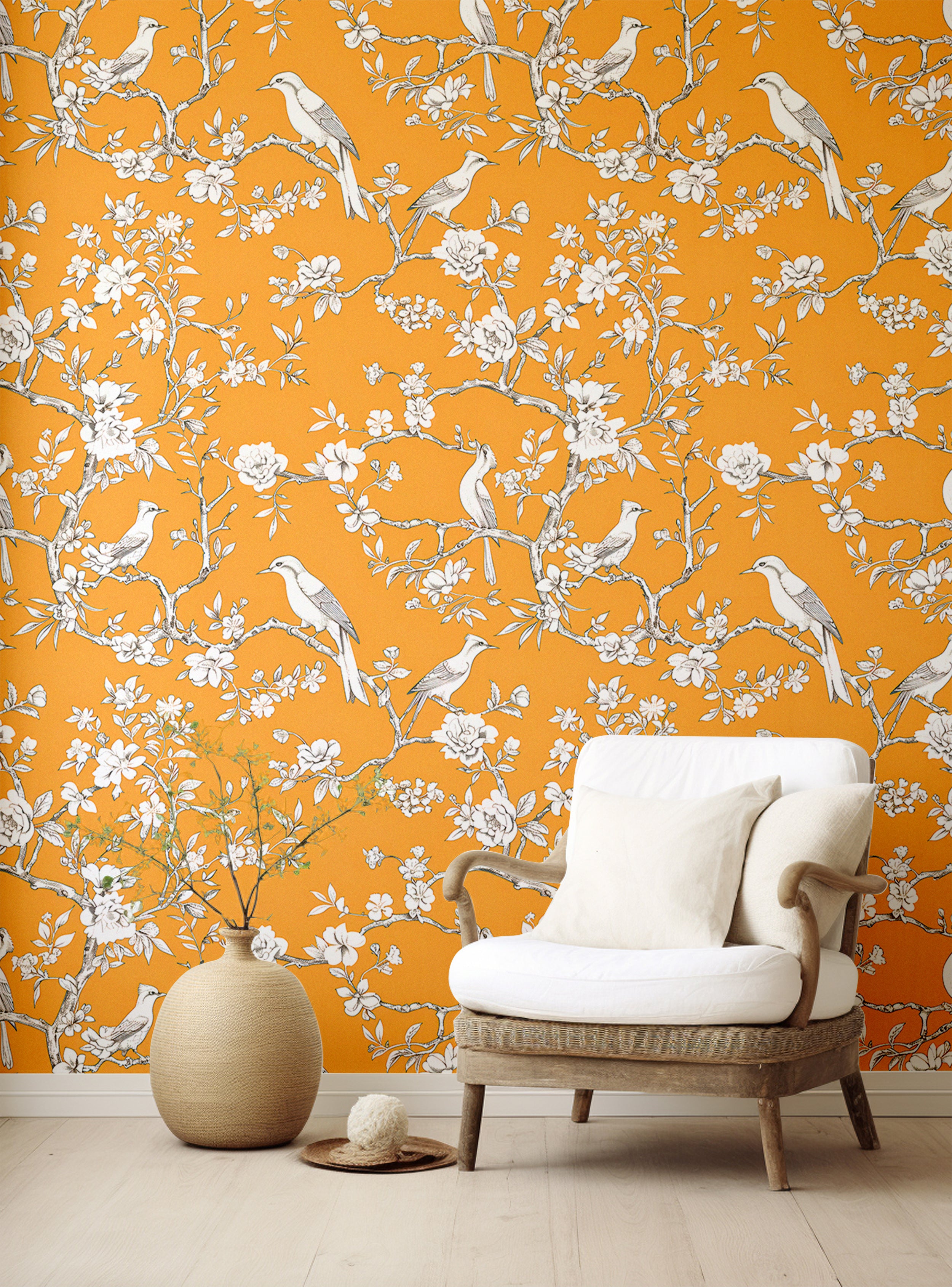 Vibrant yellow and orange Chinoiserie wallpaper Easy install Chinoiserie botanical wallpaper