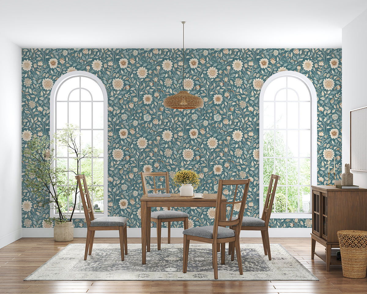 Floral Wallpaper in William Morris Style - Soft Blue Floral Wallpaper