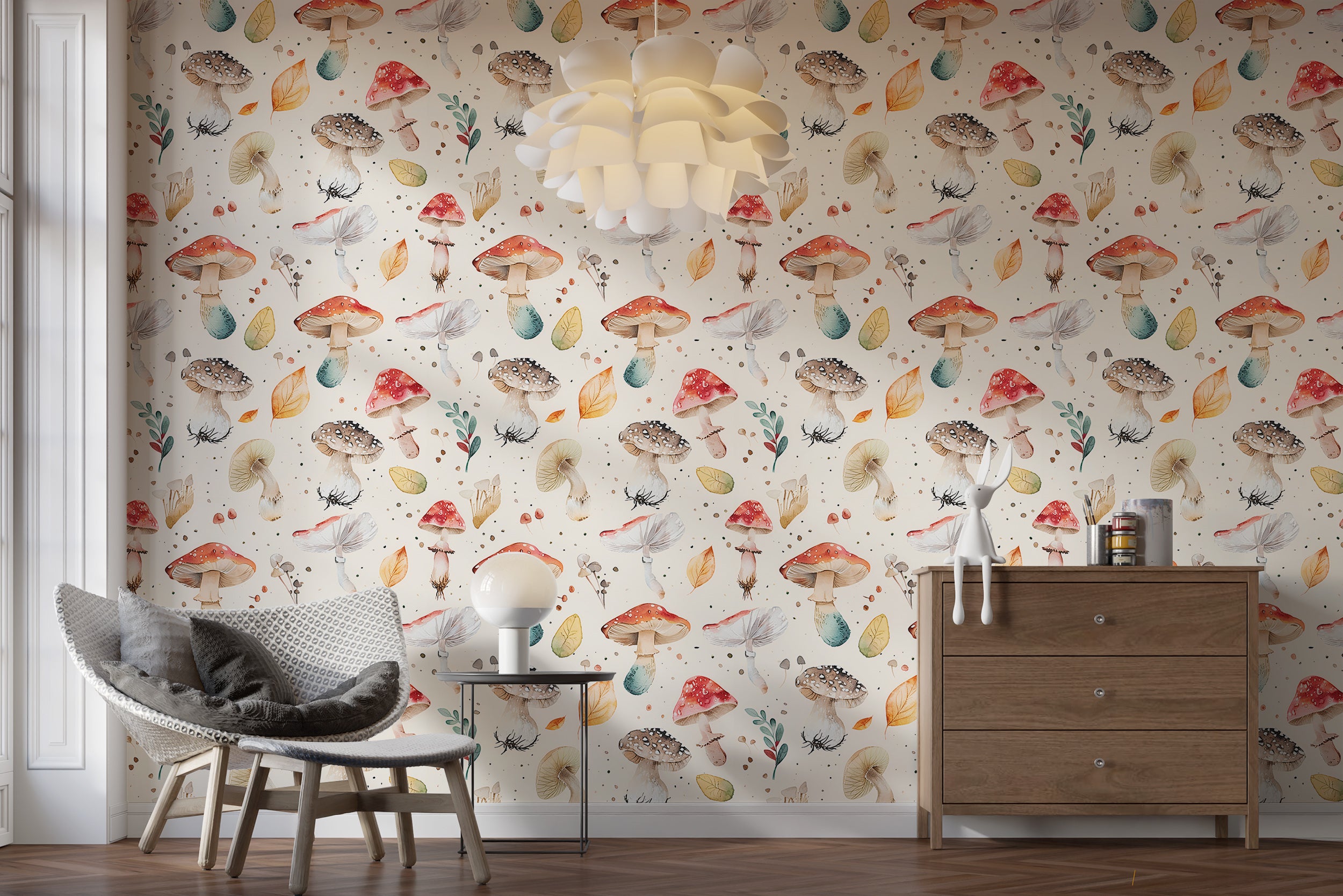 Easy-to-apply watercolor mushroom wallpaper