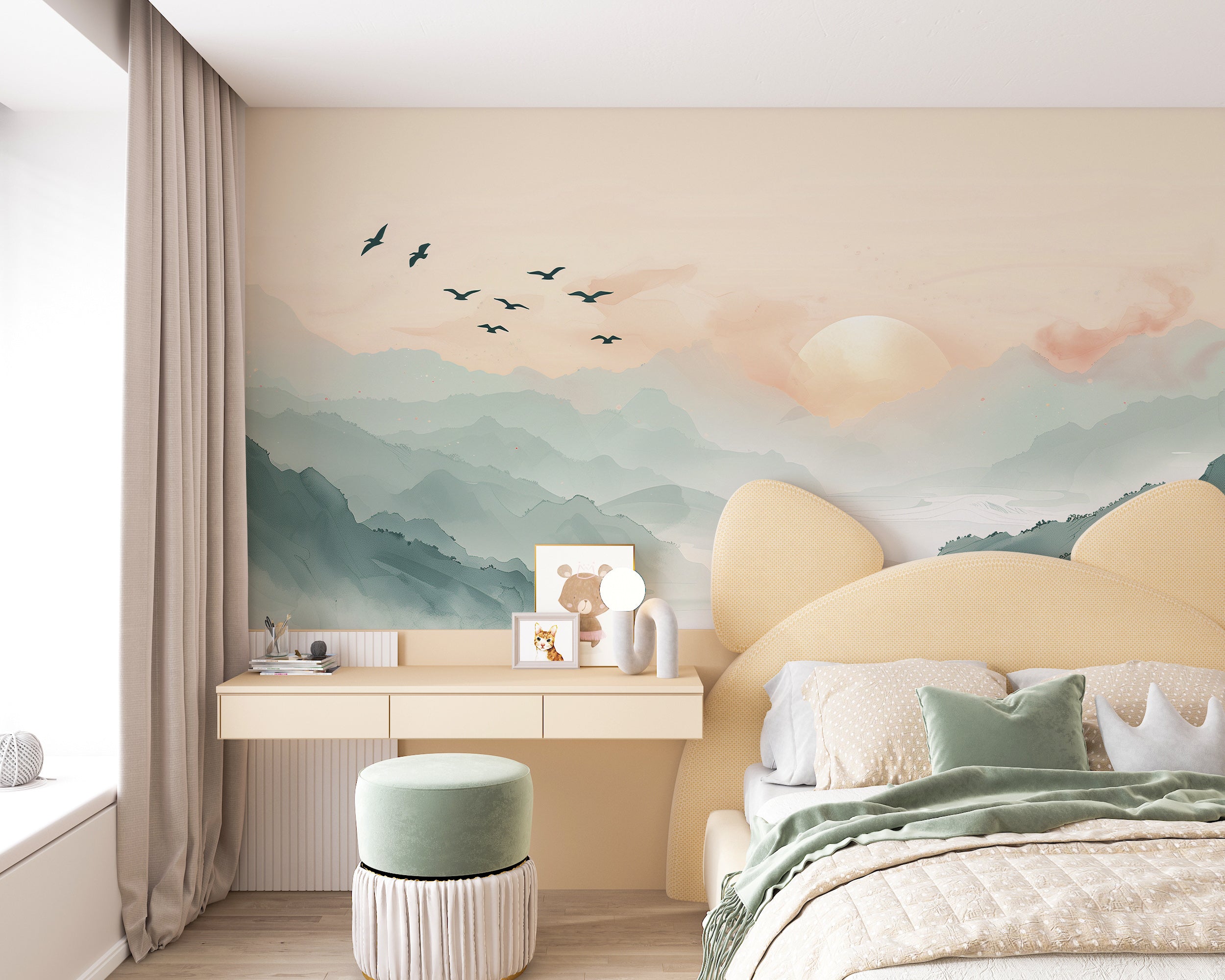 Birds in the sky nursery wall art Easy-to-apply sunset over mountains mural