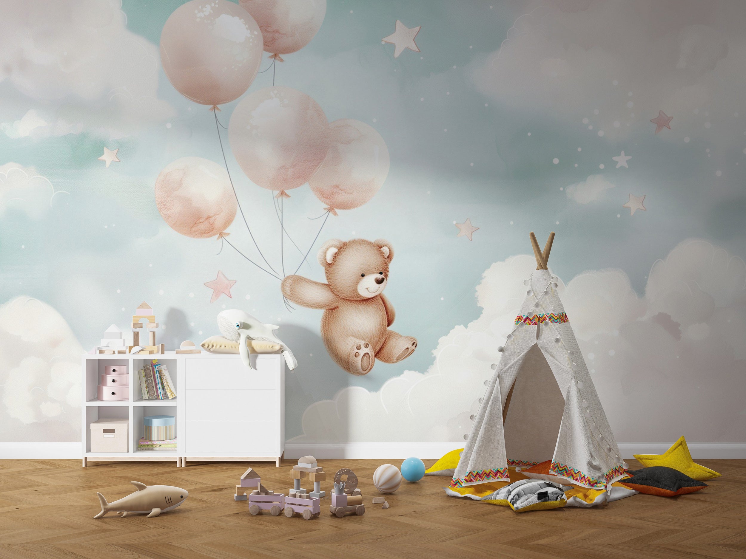 Bear toy and pink balloons wall decor Easy-to-apply bear and balloons mural