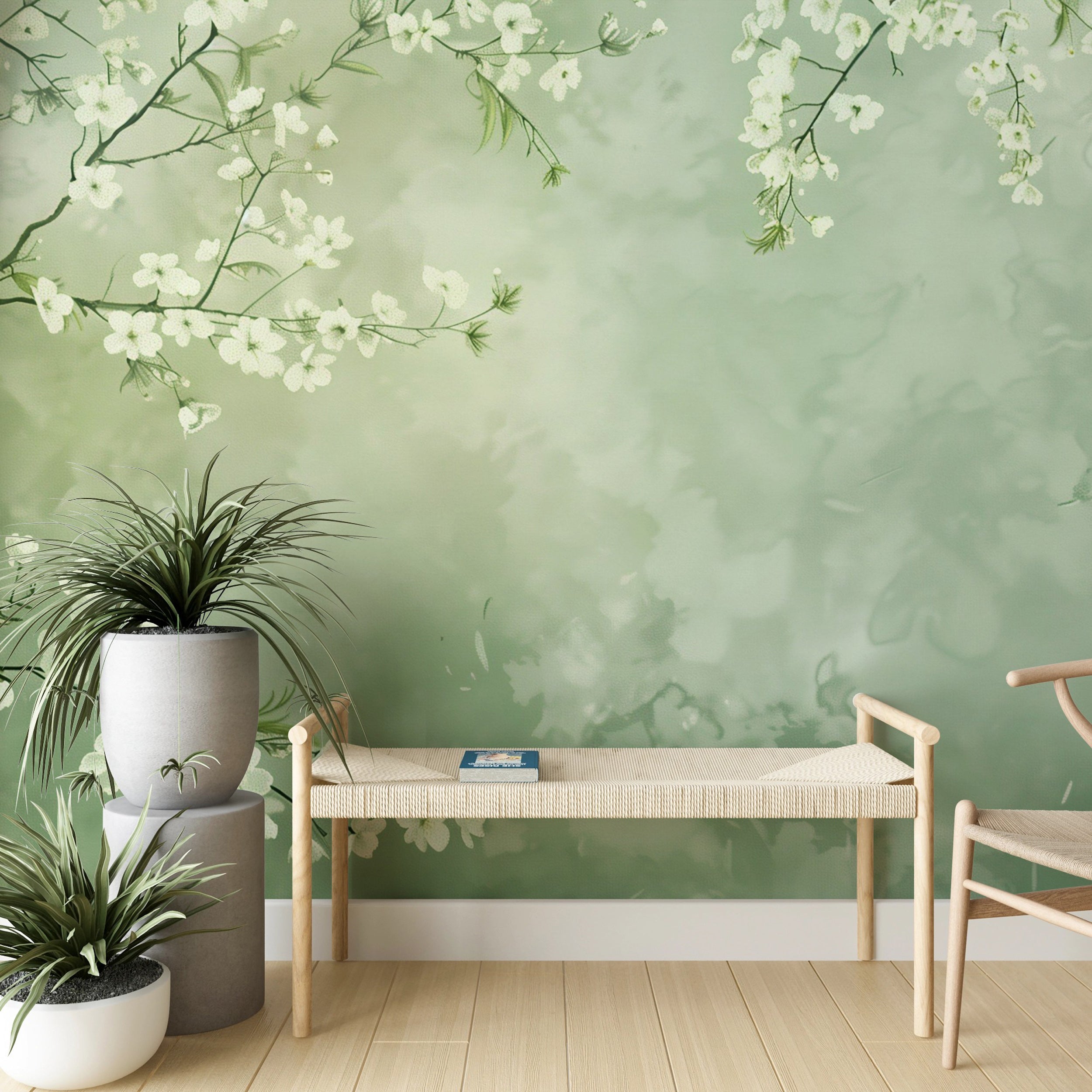 Soft green Venetian plaster wall mural Minimalist cherry blossom branches wallpaper