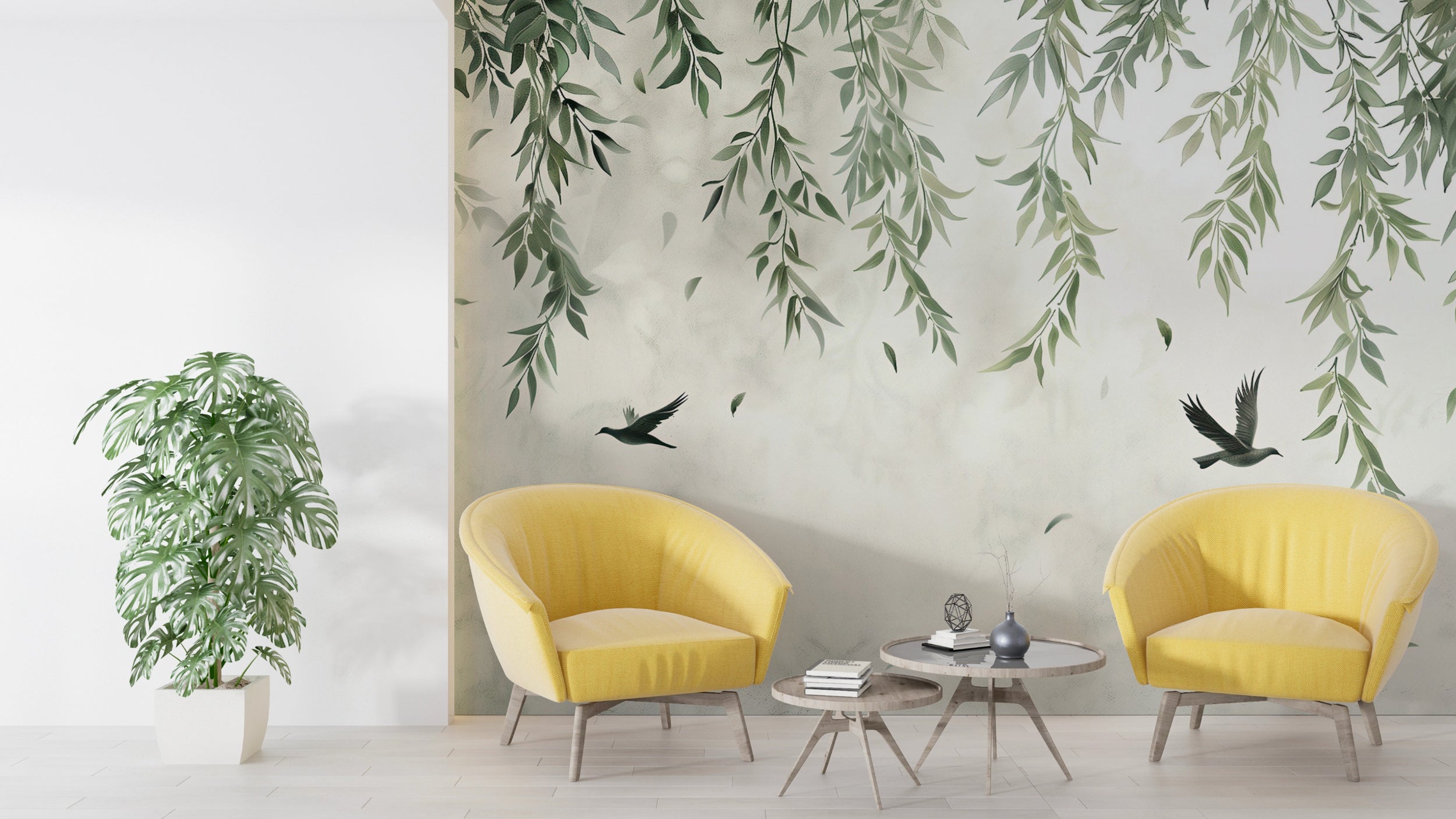 Nature-inspired grey botanical wall decor Removable willow branches and birds wallpaper