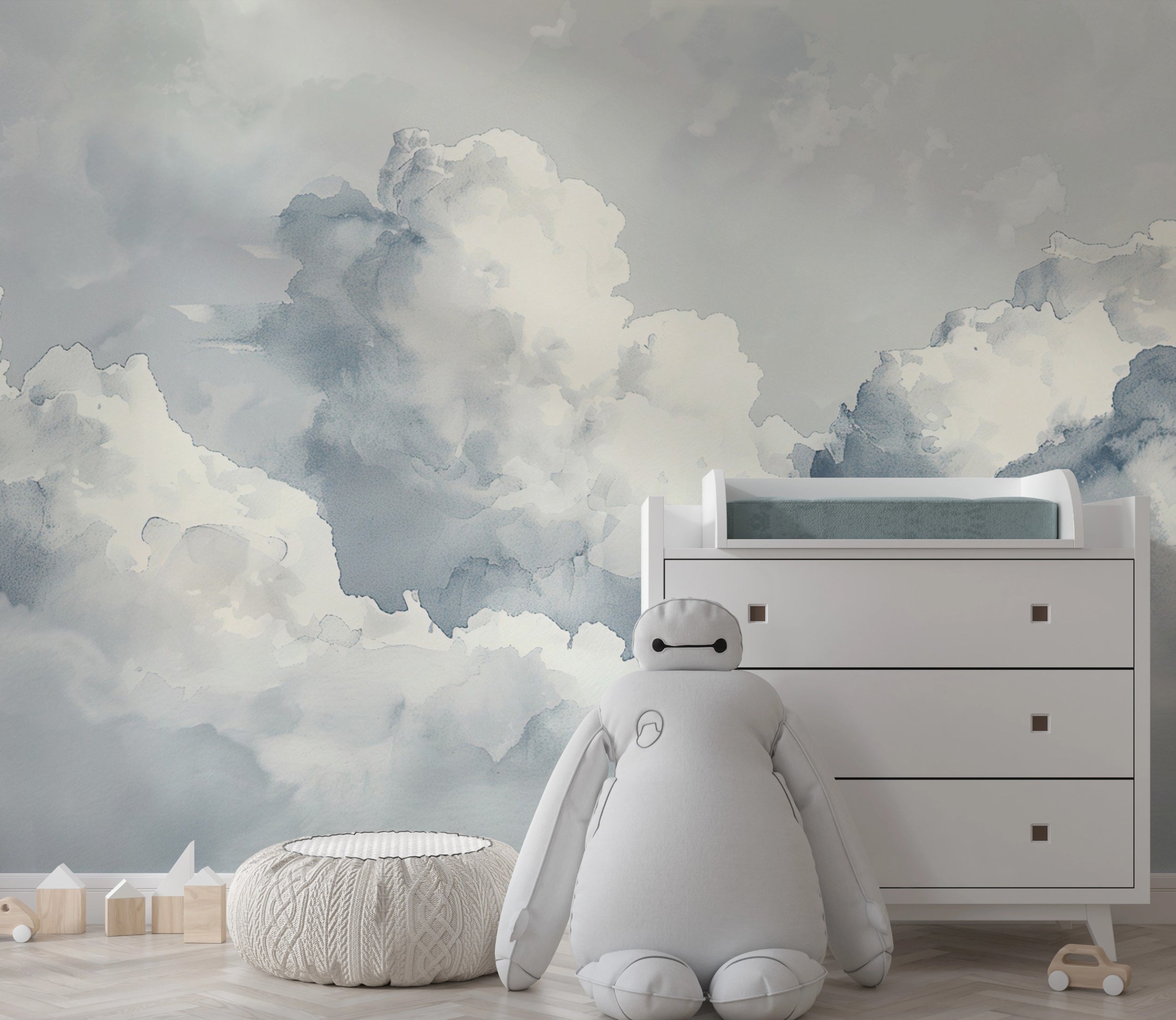 Removable monochrome cloud wallpaper for bedrooms Modern cloud mural for serene nursery decor