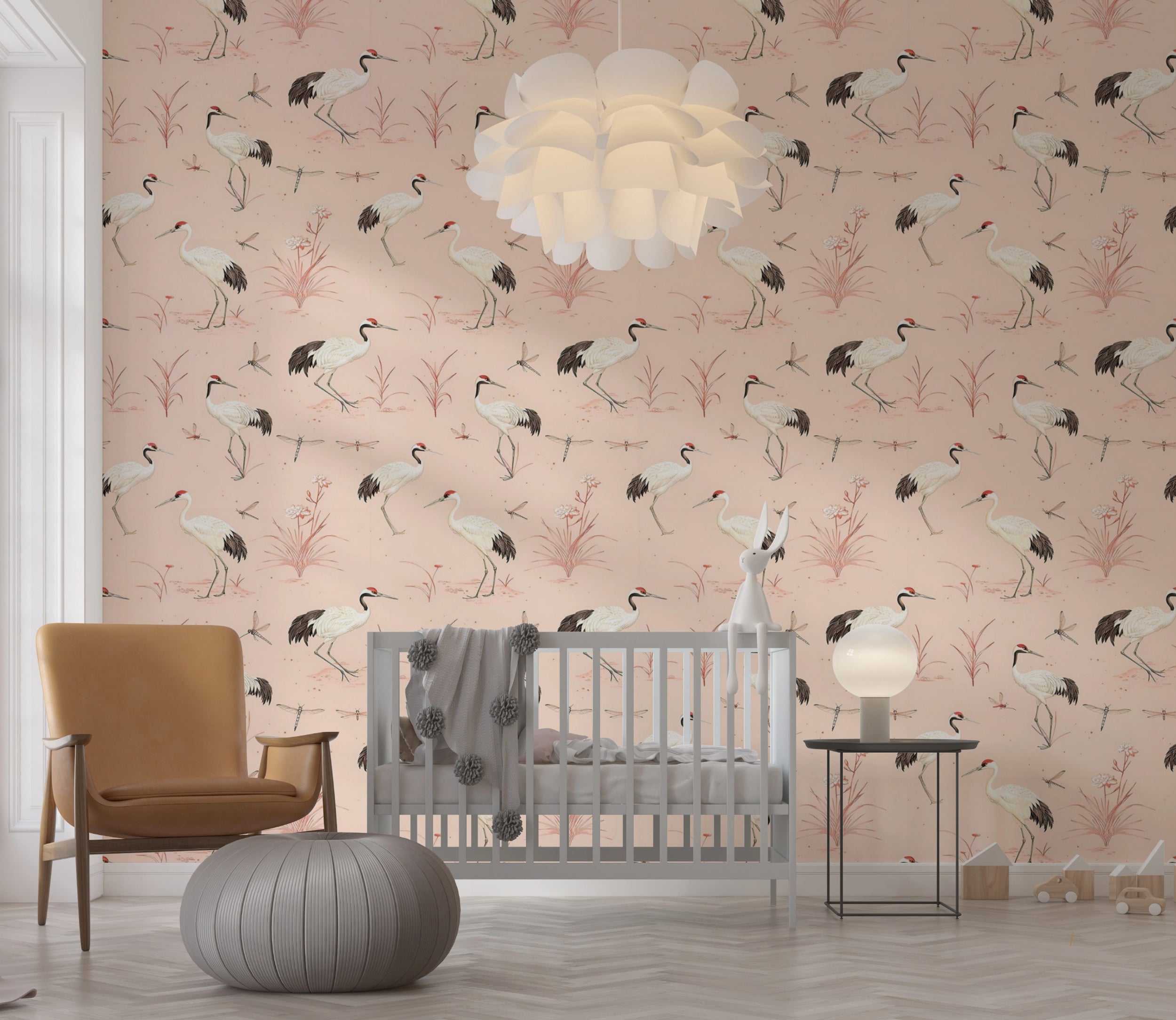 Removable crane birds wall decor for living spaces Easy-to-apply pink crane wallpaper for stylish accents