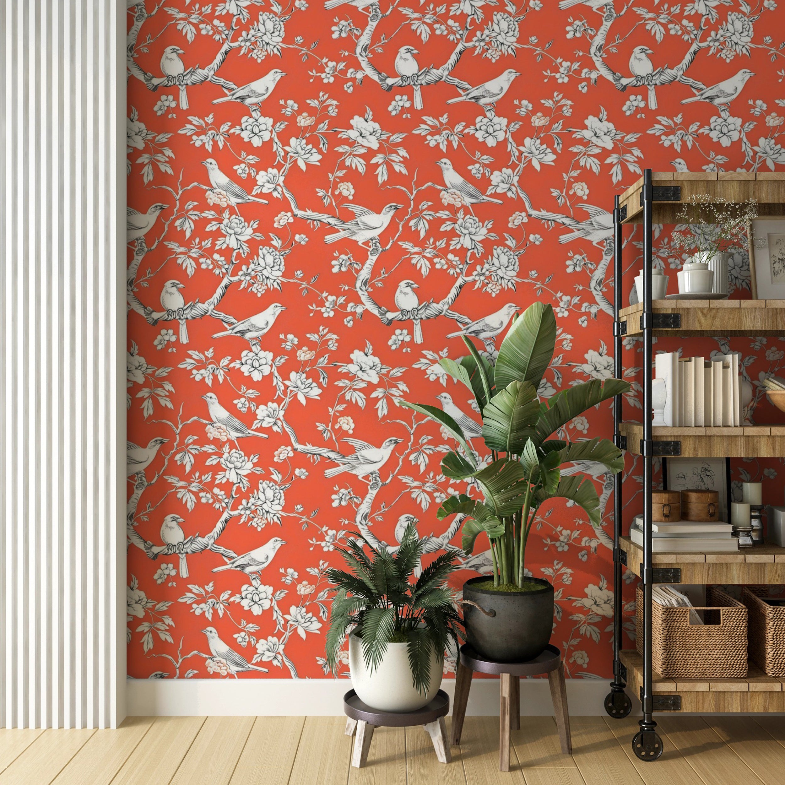 Vibrant red botanical wallpaper for dining areas