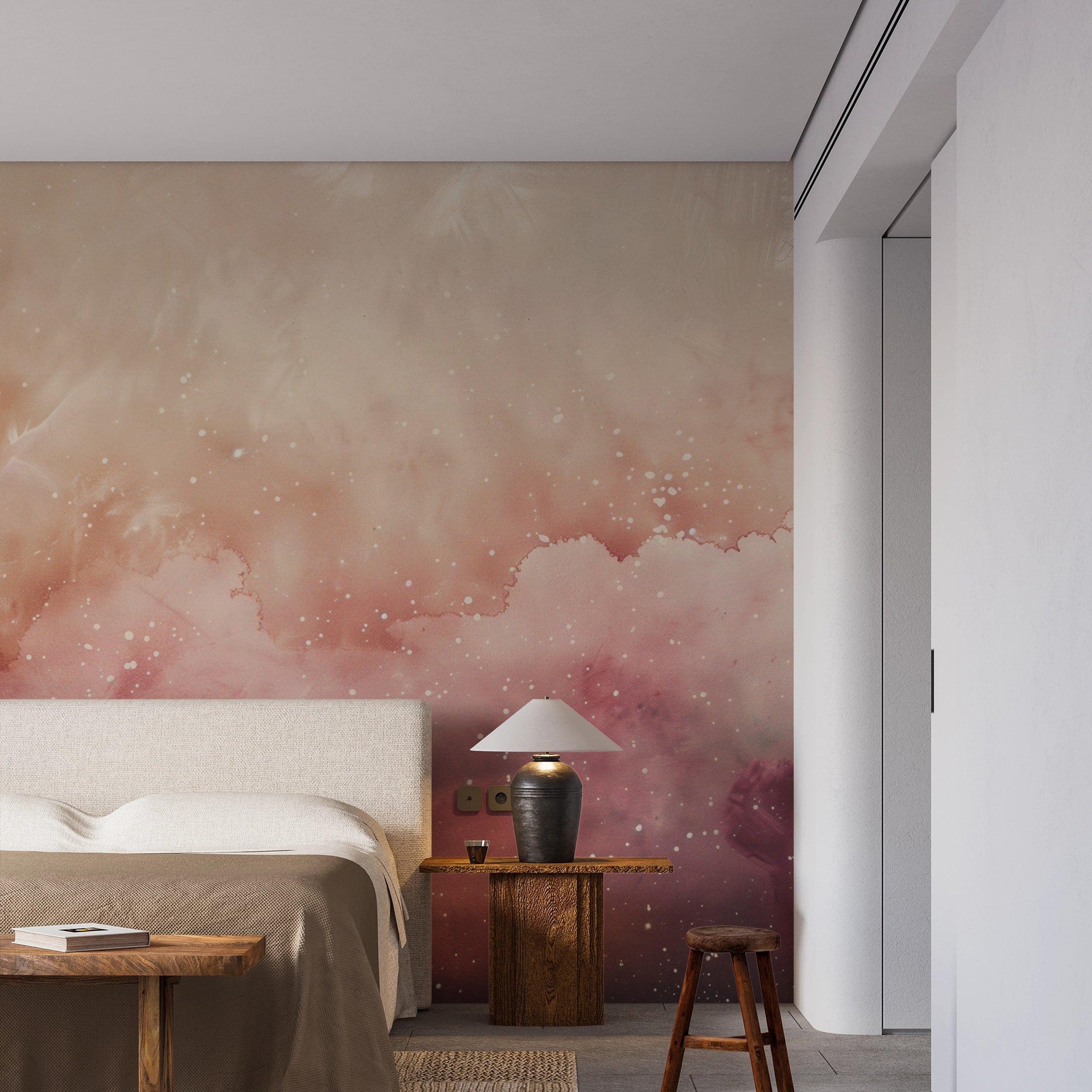 Beige and Pink Space Mural, Nursery Starry Clouds Wallpaper, Peel and Stick Stars in the Sky Mural, Removable Celestial Decor