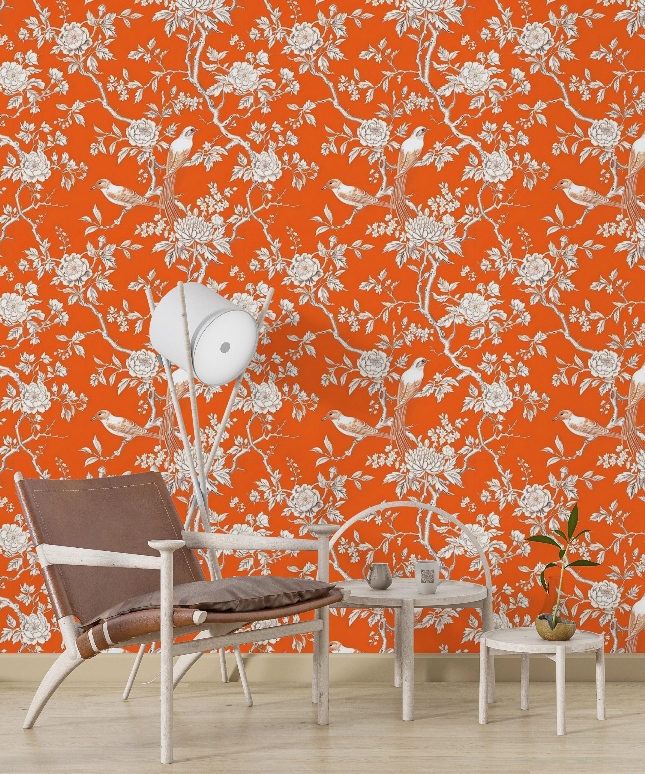 Orange chinoiserie wallpaper for elegant decor Colorful vintage floral peel and stick wallpaper