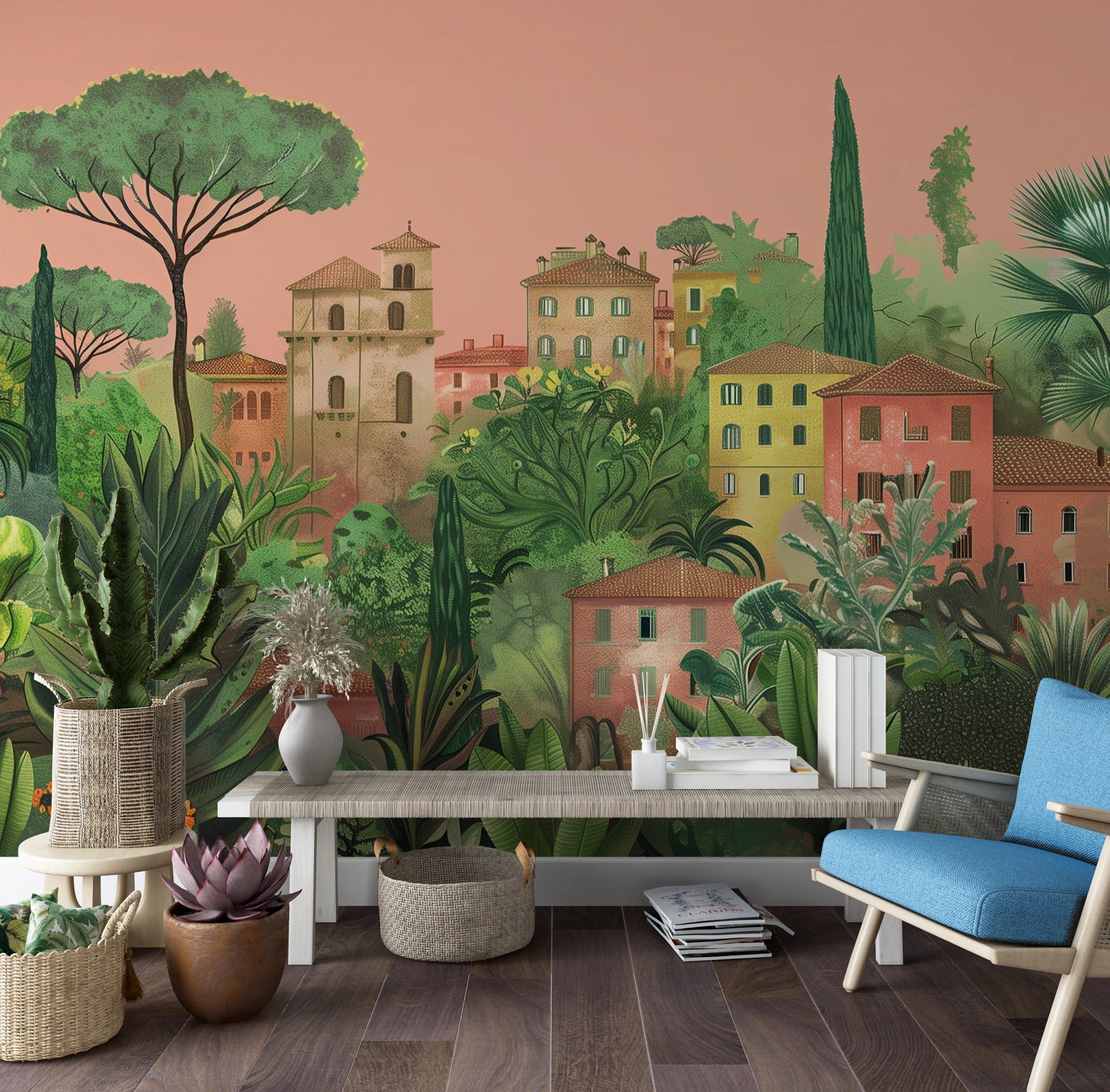 Colorful Italian city mural for living room decor Old town and lush garden peel and stick wallpaper