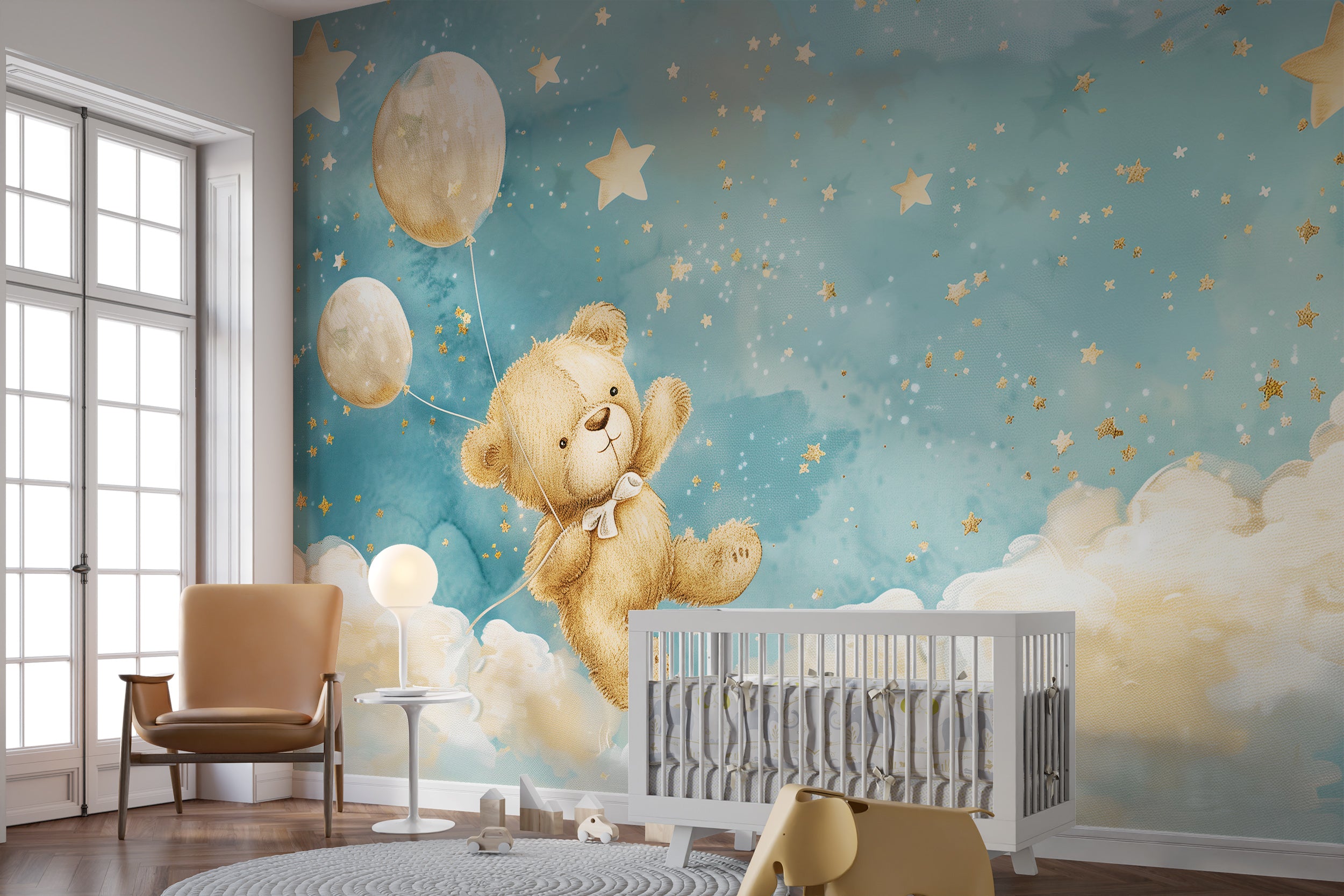 Starry clouds wallpaper with bear and balloons Easy-to-apply nursery mural with bear and stars