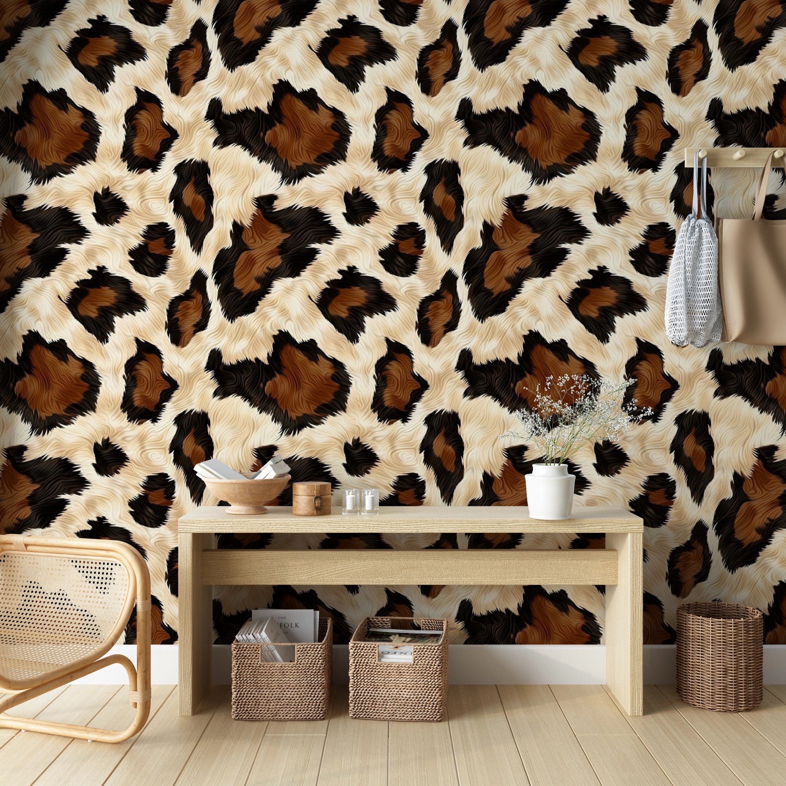 Rustic cow print peel and stick wallpaper