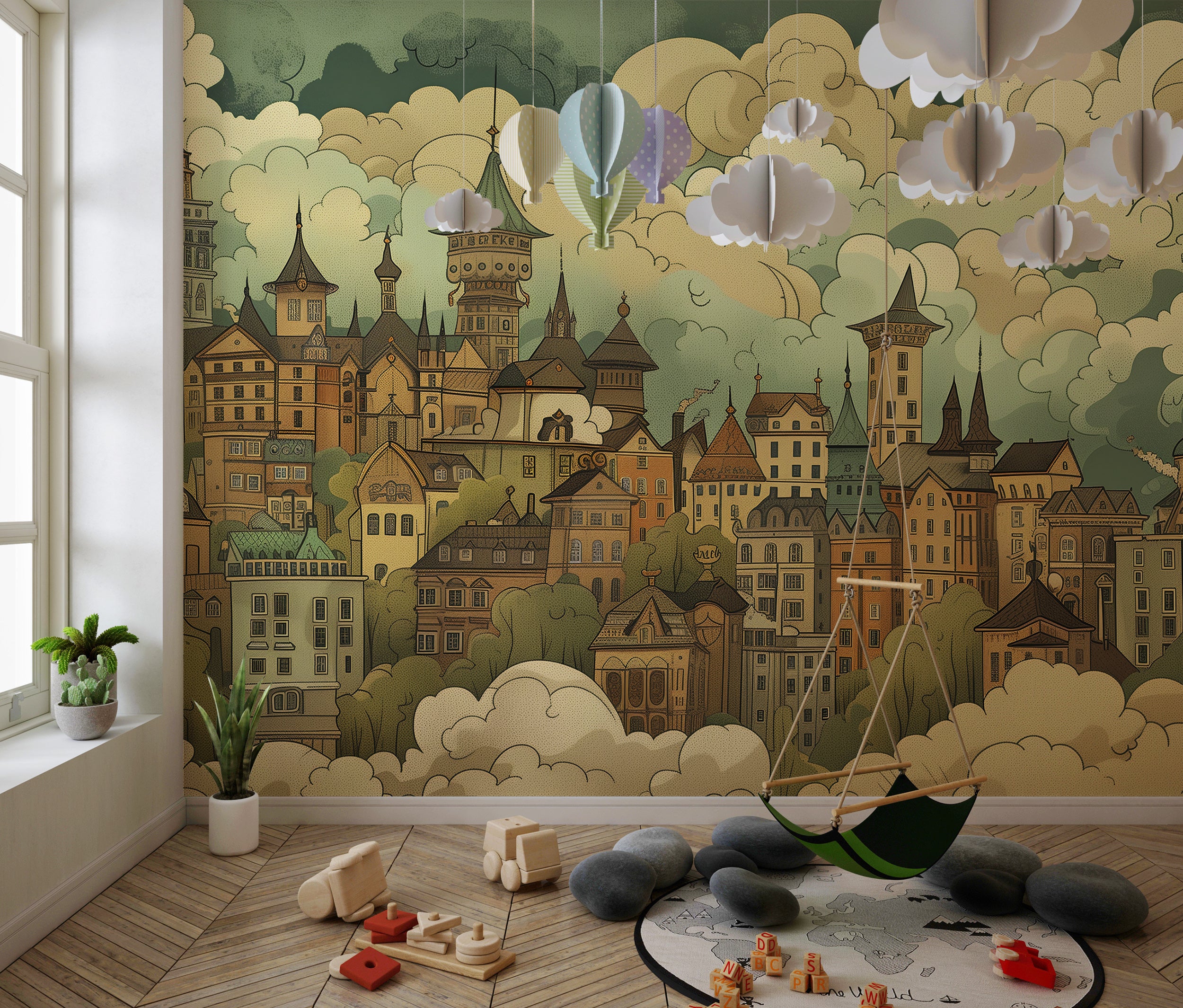 City and clouds vintage style mural Old town wallpaper with fairytale houses