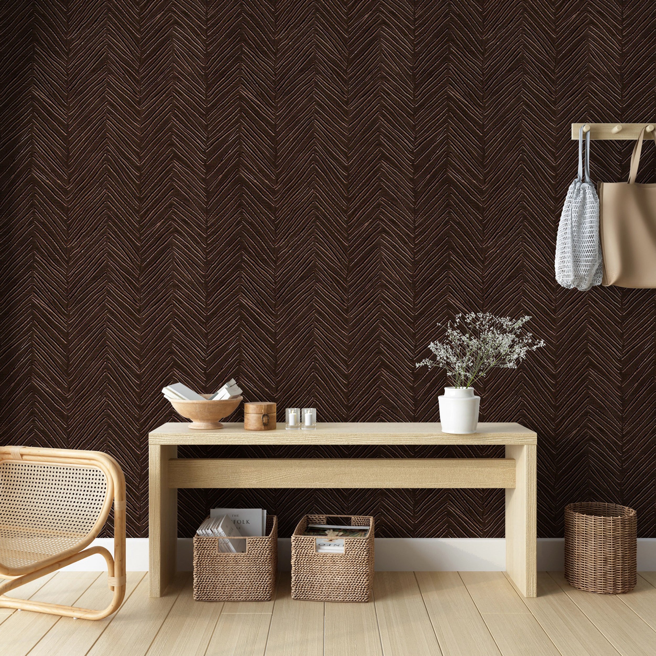 Dark brown herringbone wallpaper for living rooms Classic accent wallpaper with herringbone pattern