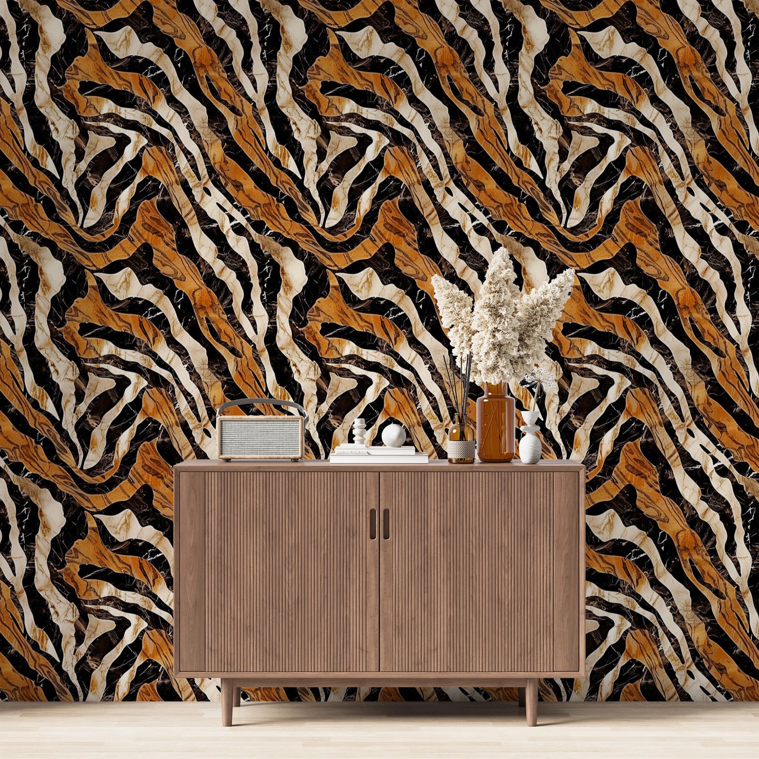 Tiger print wallpaper for bold home decor Orange and black tiger stripes peel and stick wallpaper