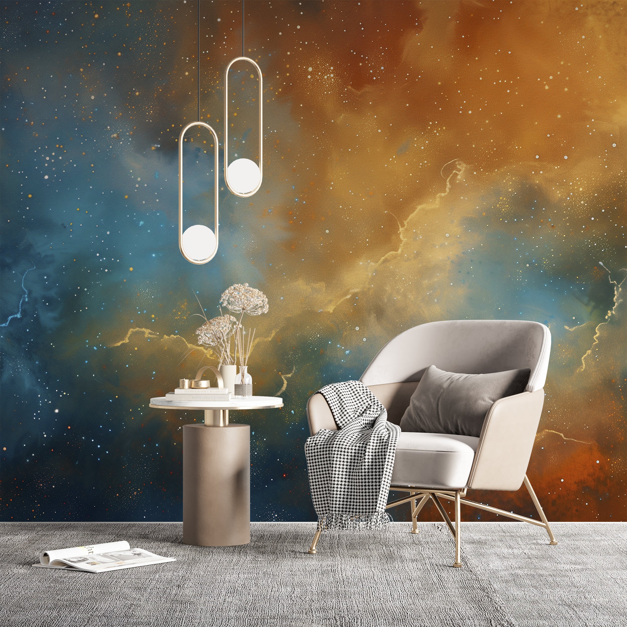 Blue and orange space wall mural for nurseries Colorful starry night wallpaper with abstract sky design