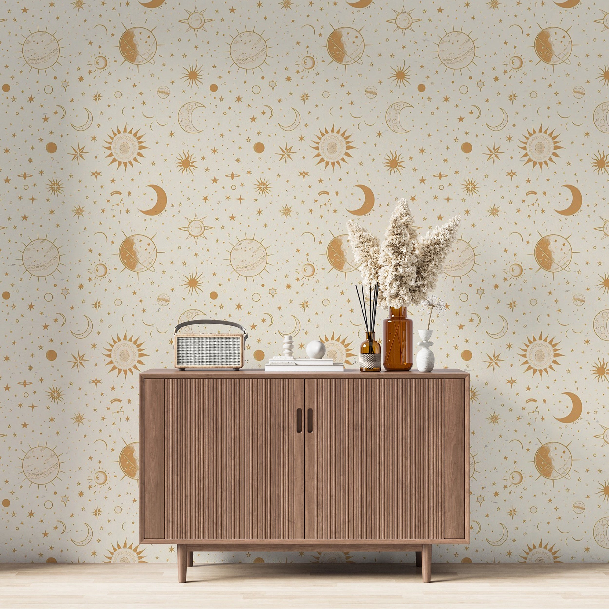 Beige Celestial Wallpaper, Planets Stars and Sun Pattern Wallpaper, Peel and Stick Removable Nursery Space Elements Art