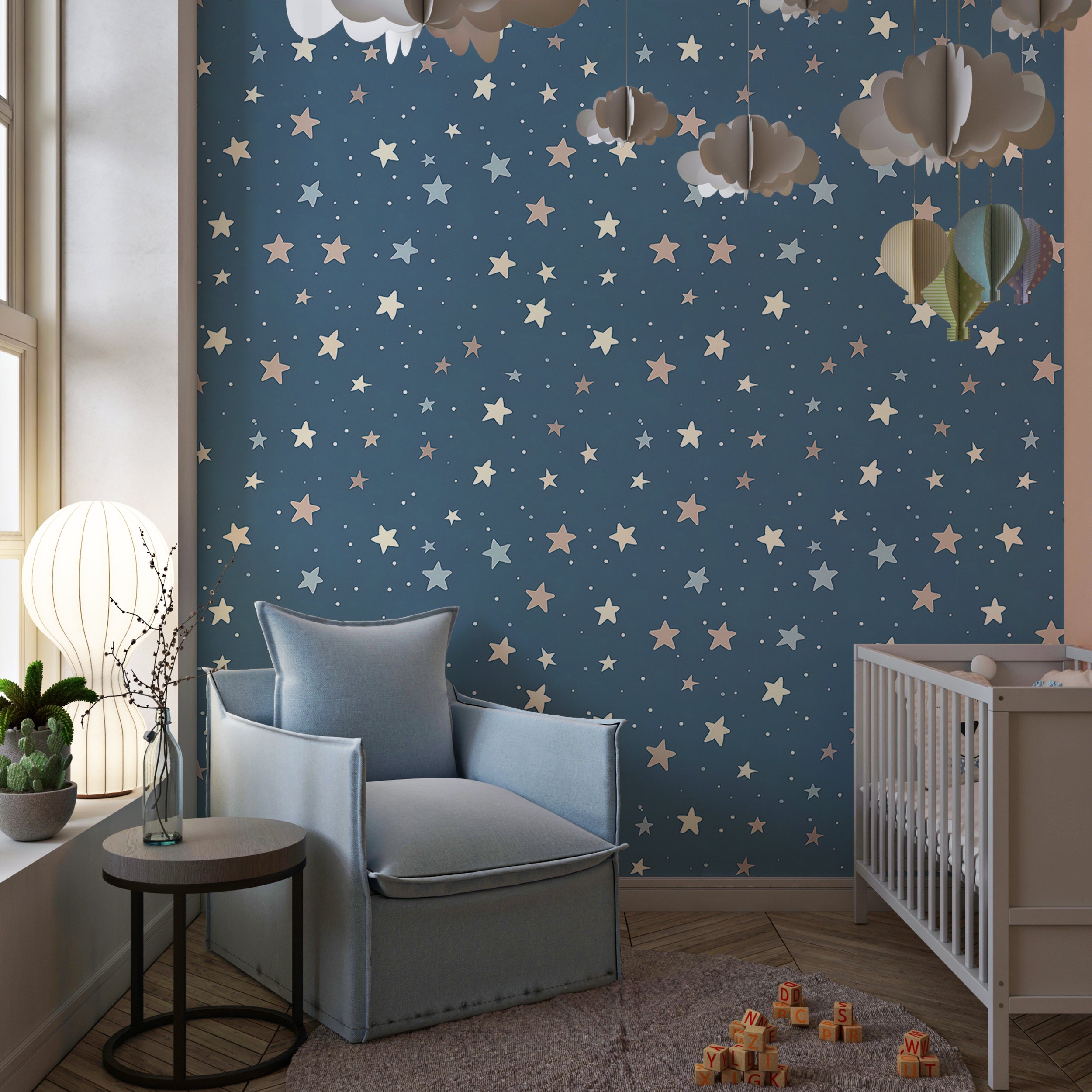 Minimalist blue and white stars nursery wallpaper