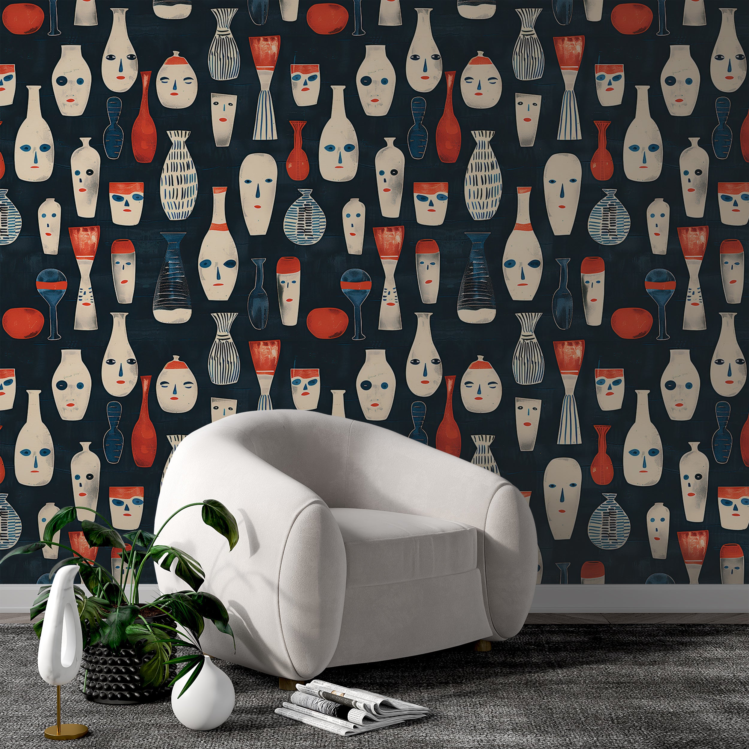 Easy-to-apply wallpaper with abstract vases pattern Bold dark blue wallpaper with faces and vases design