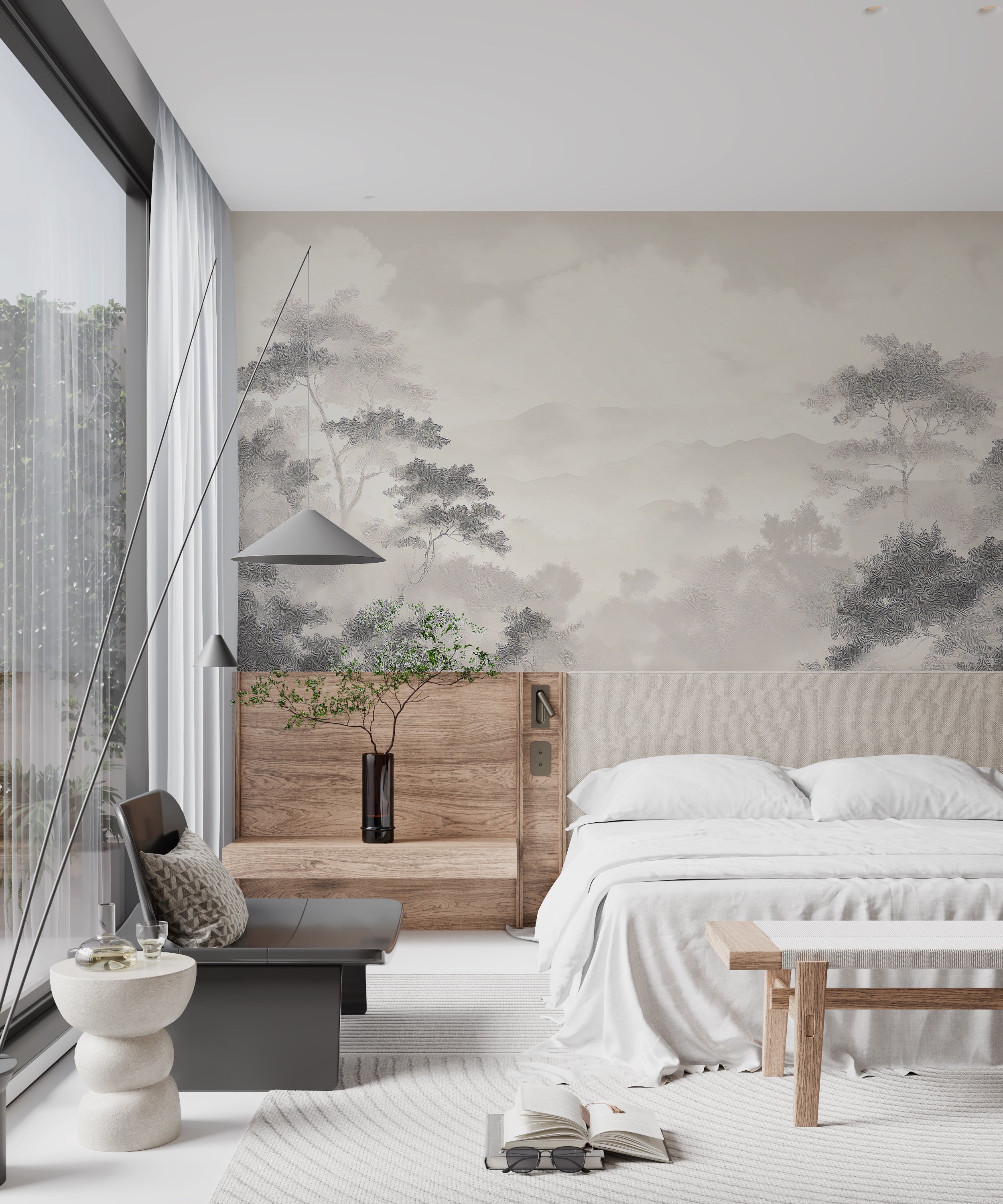 Easy-to-apply neutral forest wall art Minimalist peel and stick forest wallpaper