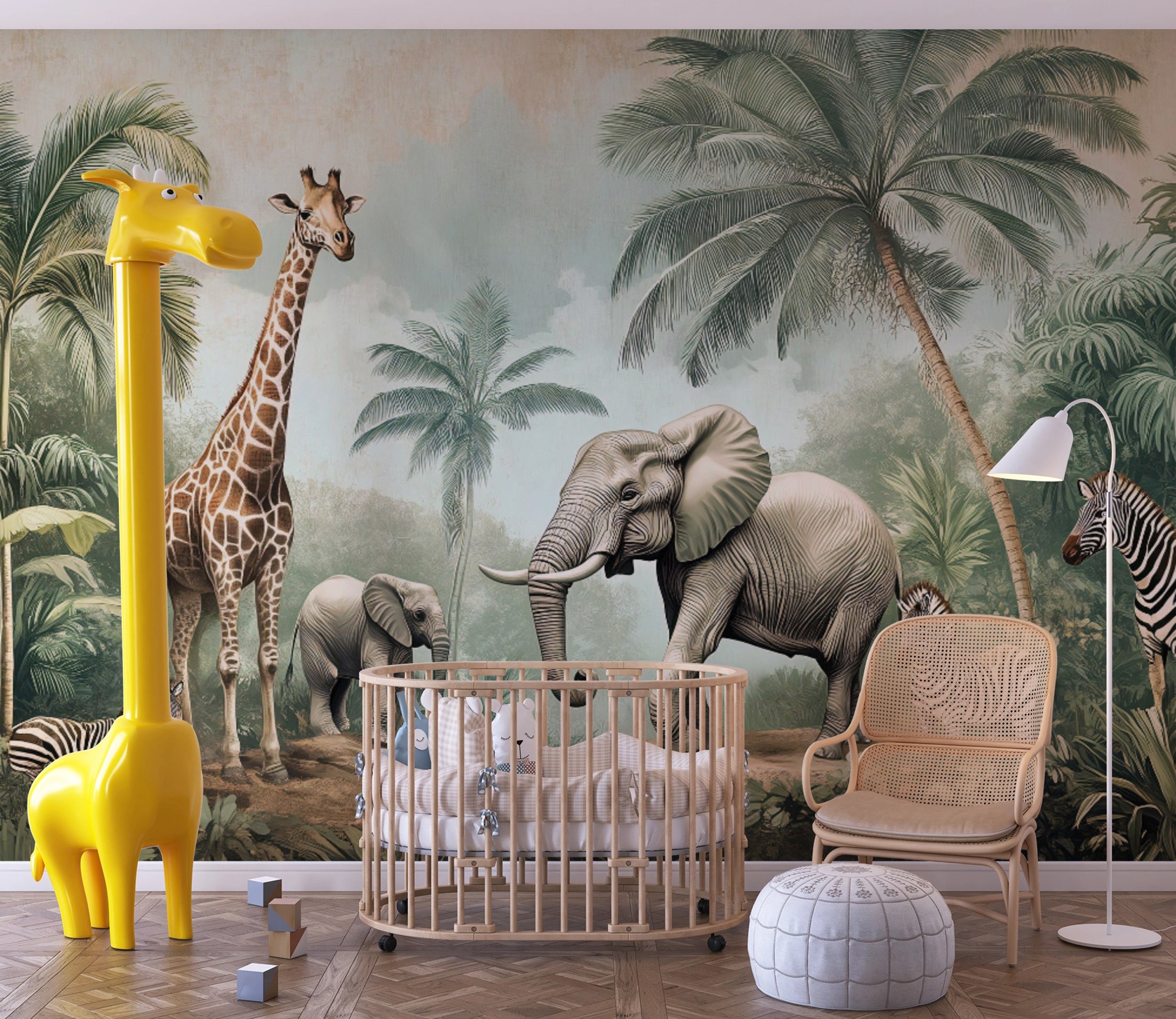 Easy-to-apply peel and stick jungle mural Safari adventure mural with colorful animals