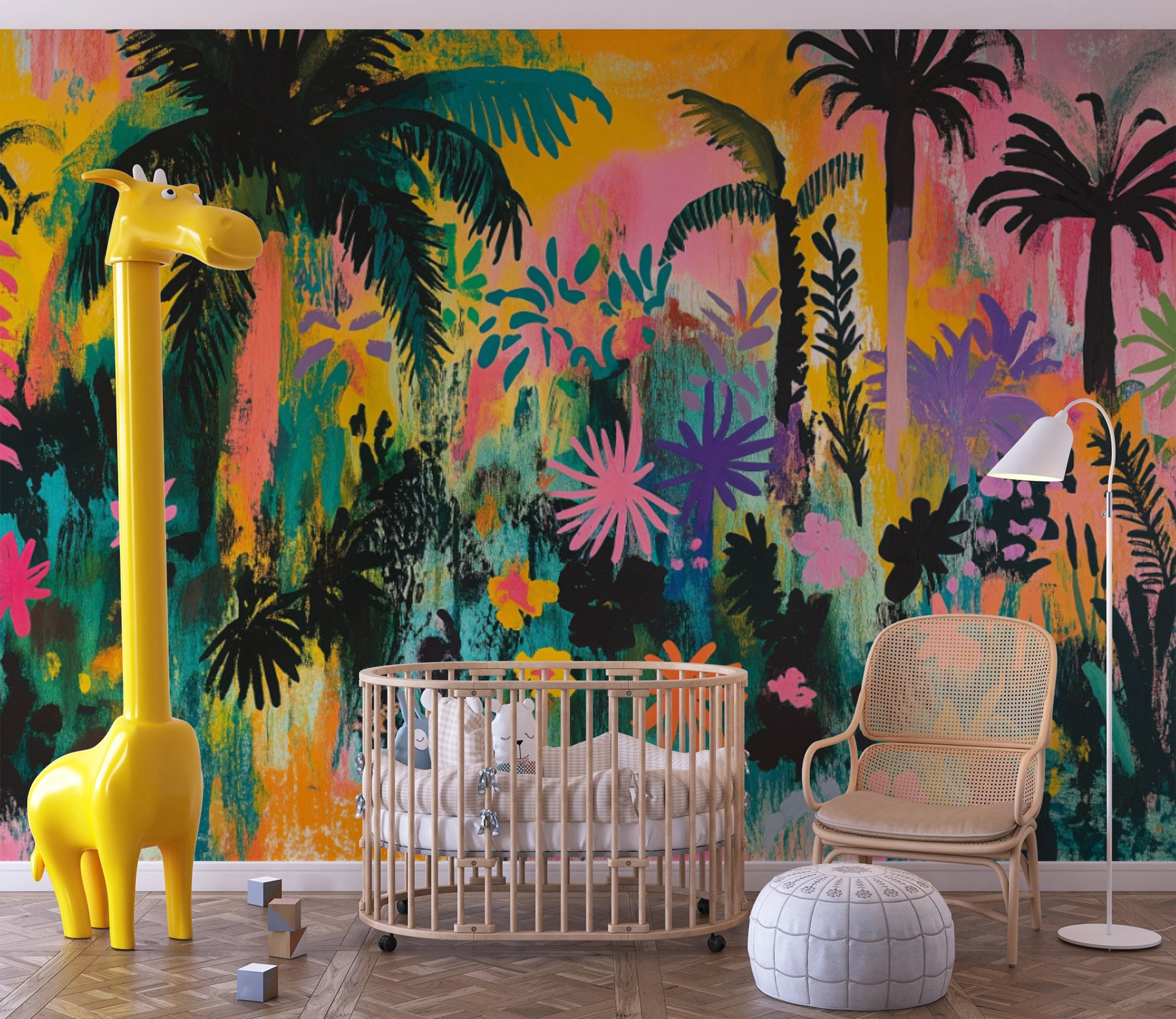 Vibrant palm tree mural for nursery walls Easy-to-apply abstract jungle wall decor