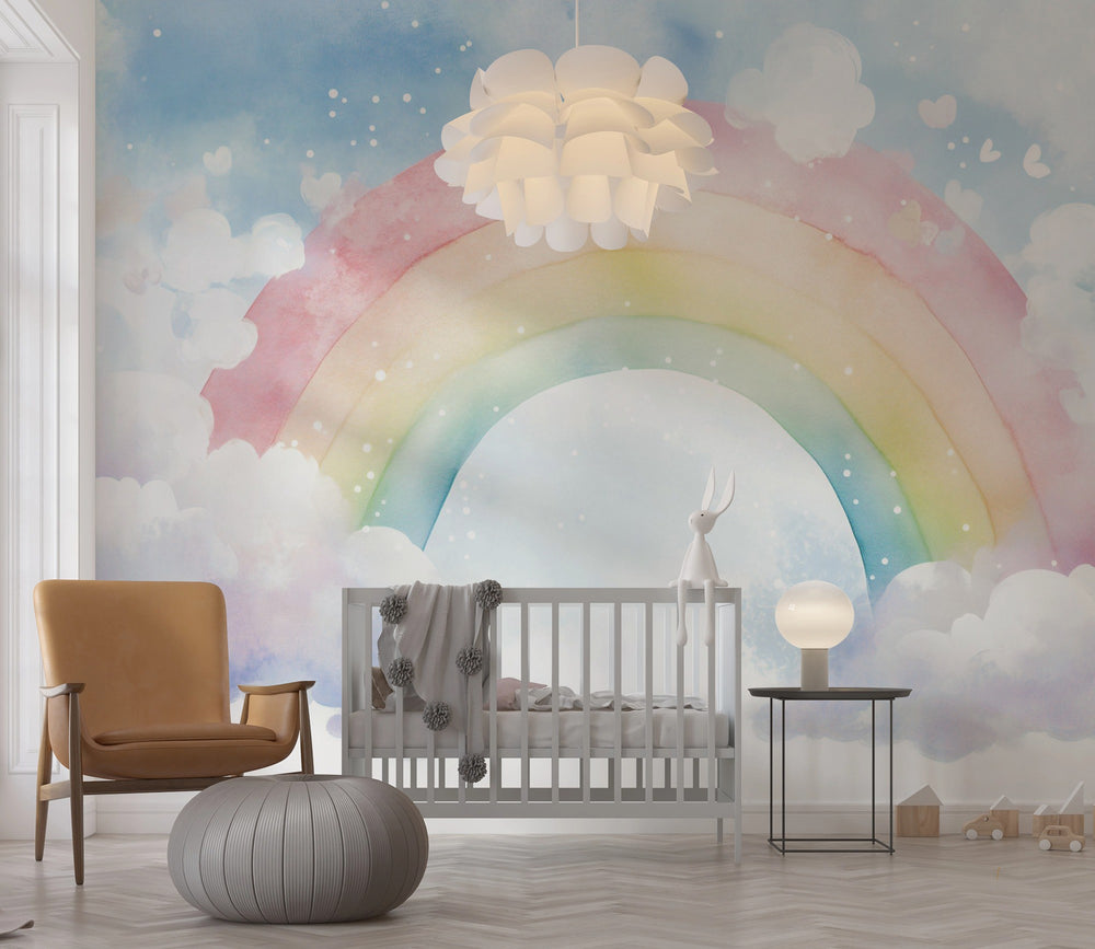 Soft Muted Rainbow and Clouds Nursery Wall Mural - Dreamy Wall Decor