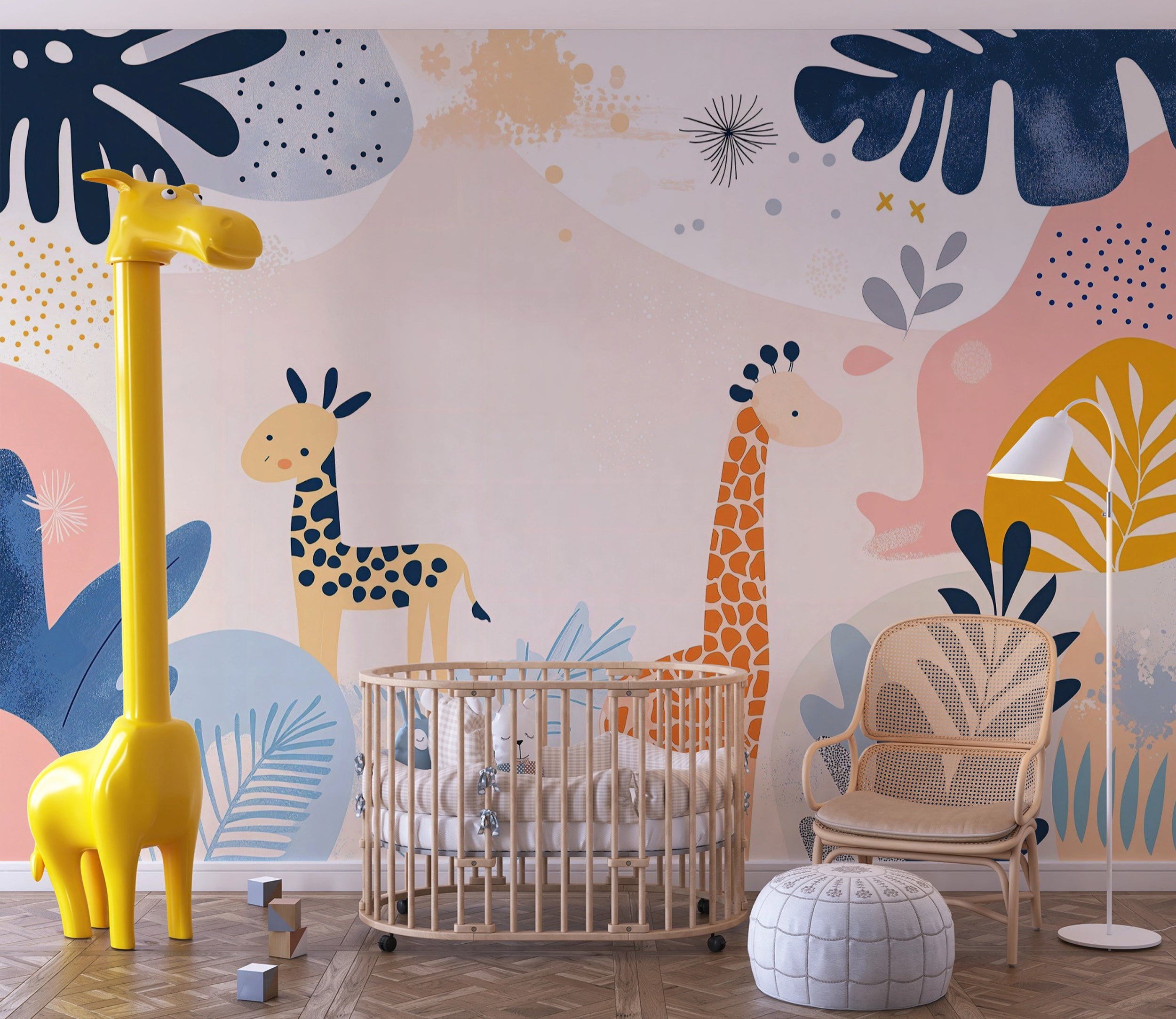 Abstract giraffes and leaves wallpaper for nursery