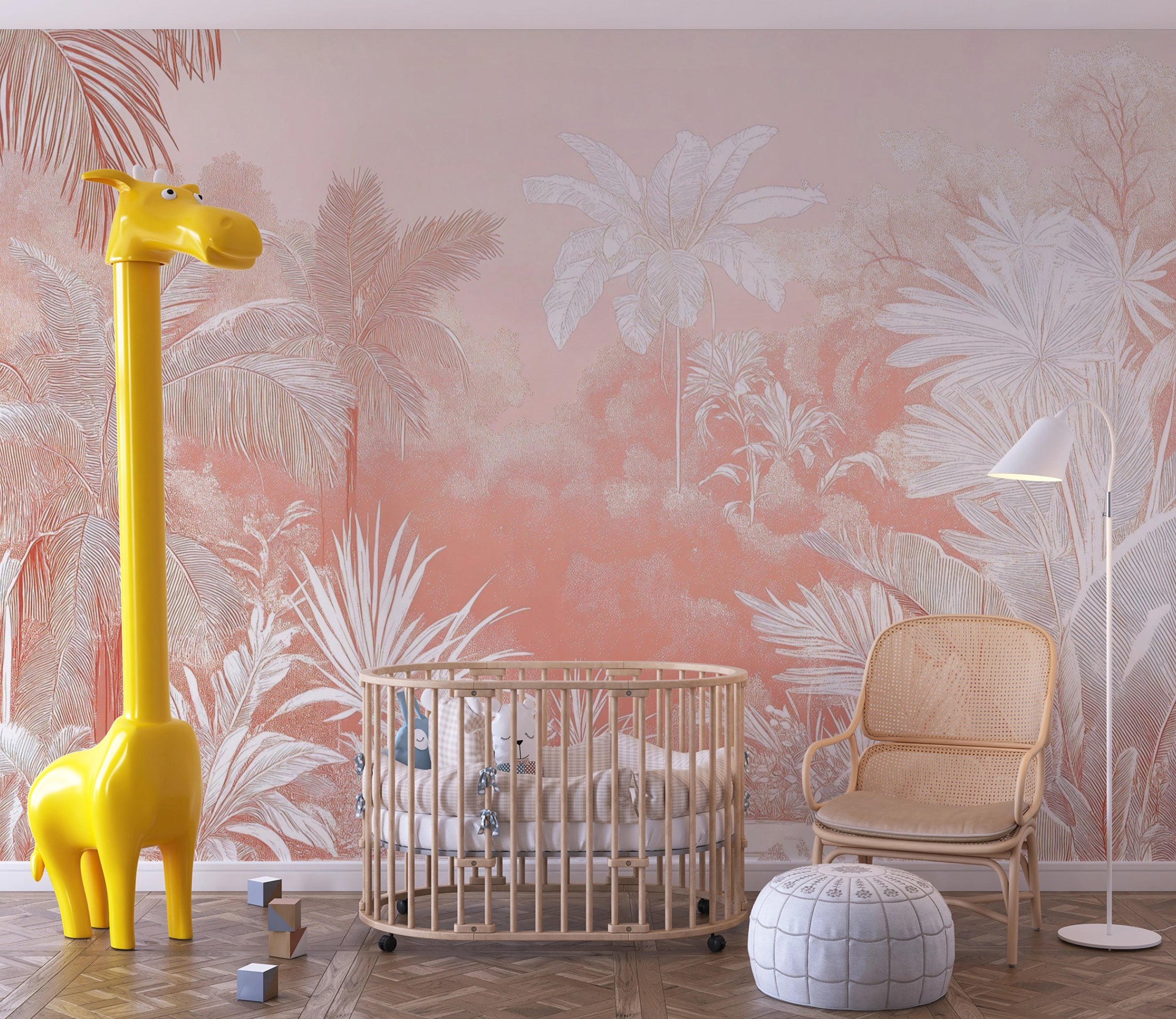 Elegant pink and white jungle wall decor