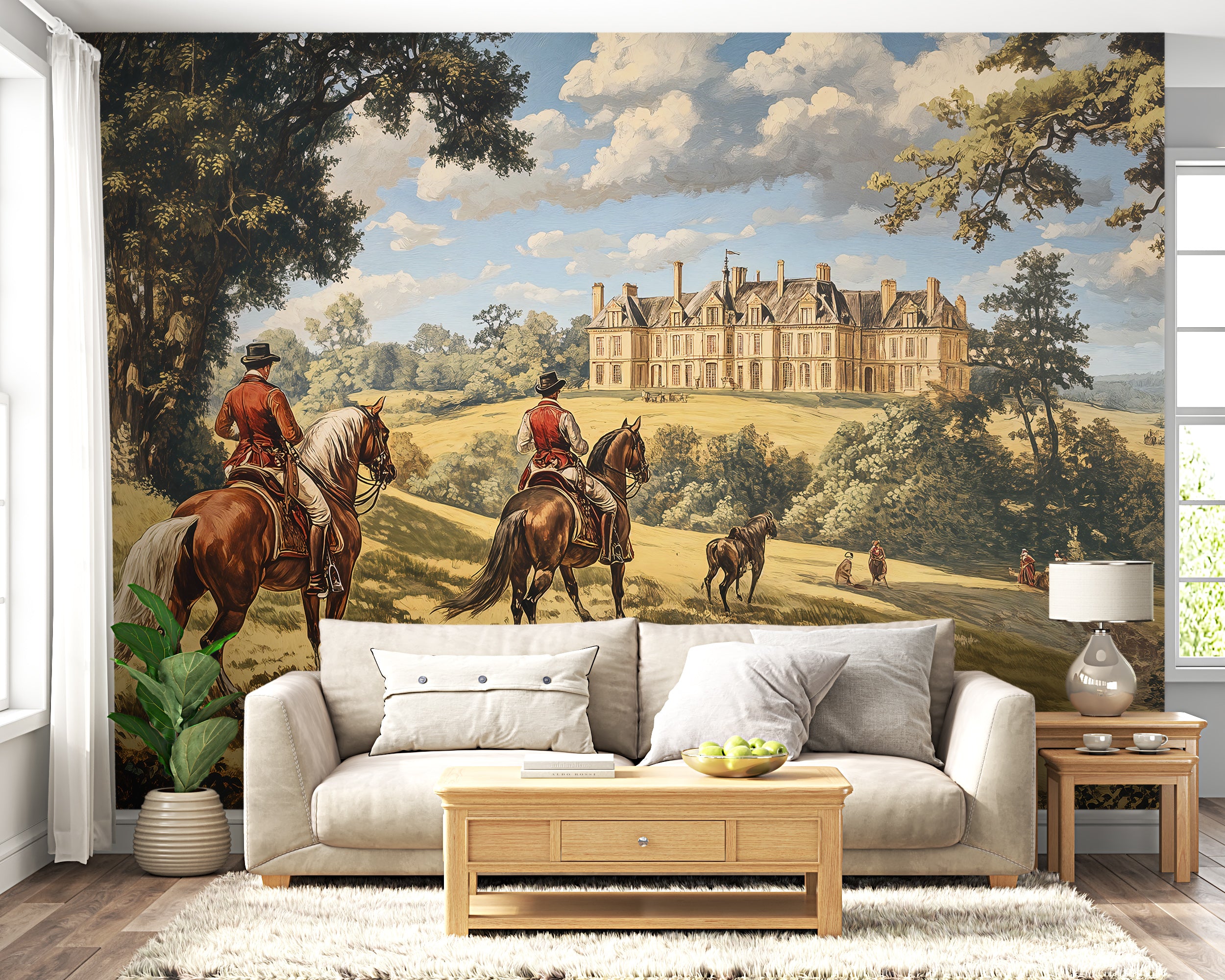 Historical castle and horses wall decor Elegant old-style landscape mural for living rooms