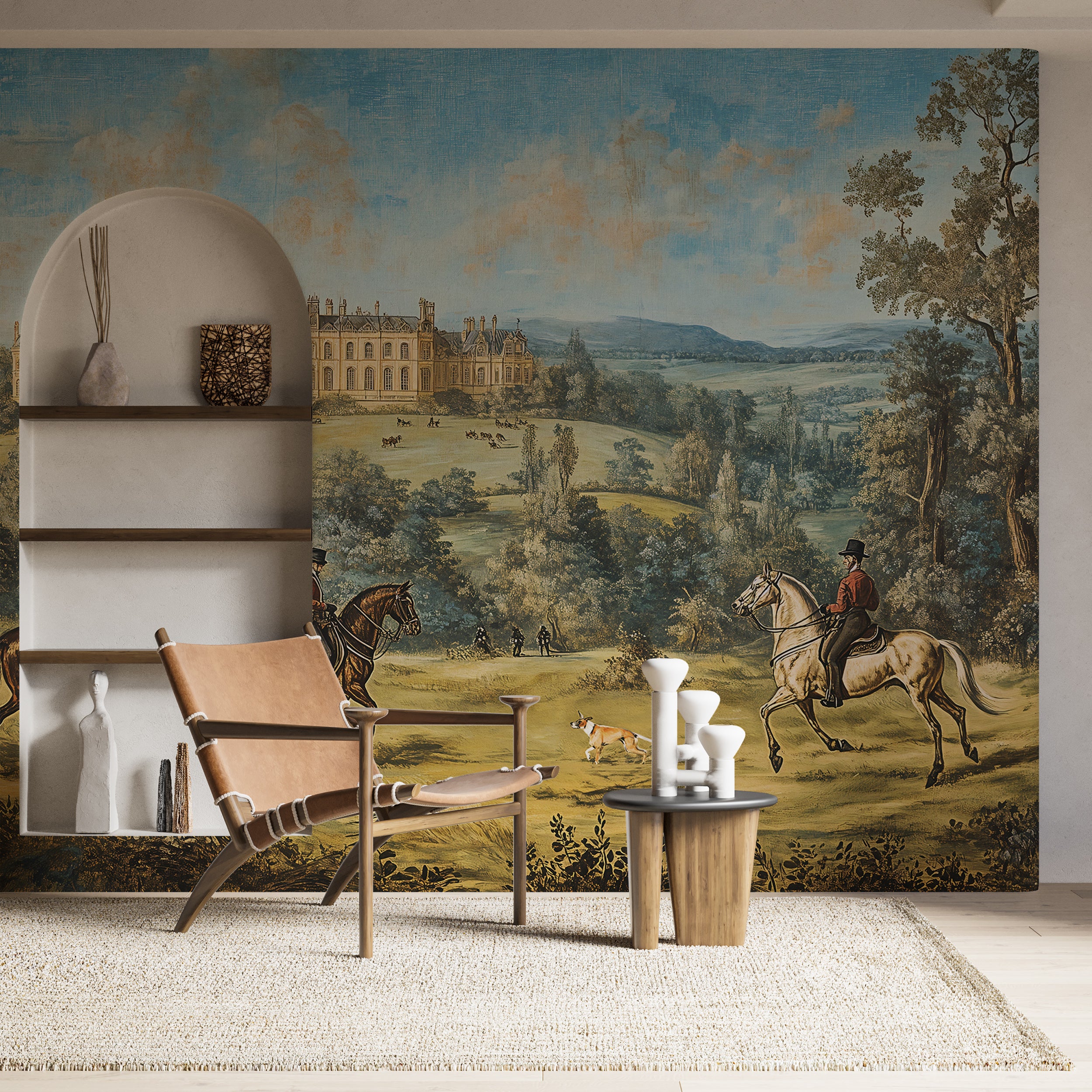 Peel and stick panoramic landscape mural with castle Antique French countryside wallpaper with horse riders