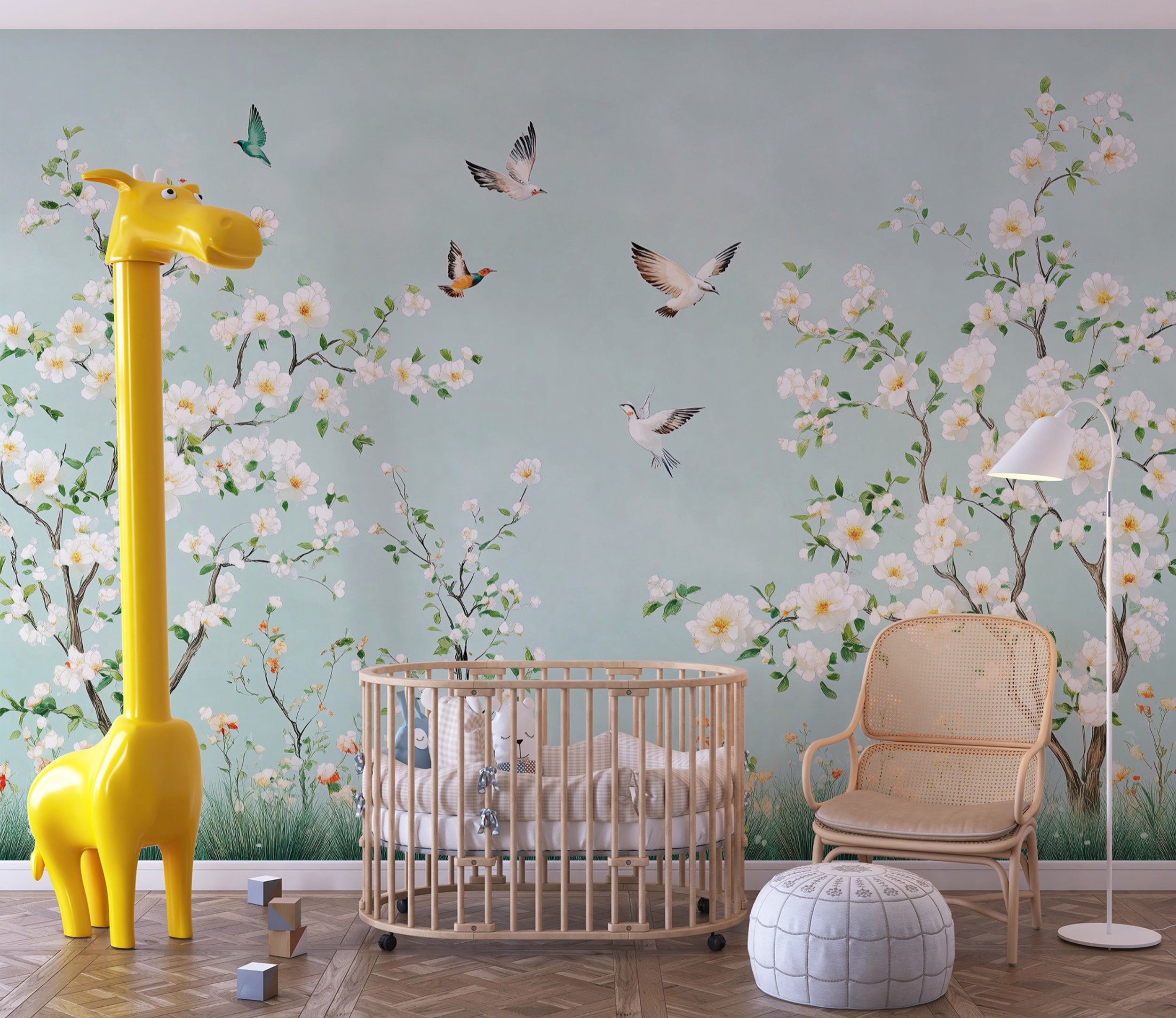 Removable chinoiserie mural with birds and blossom trees