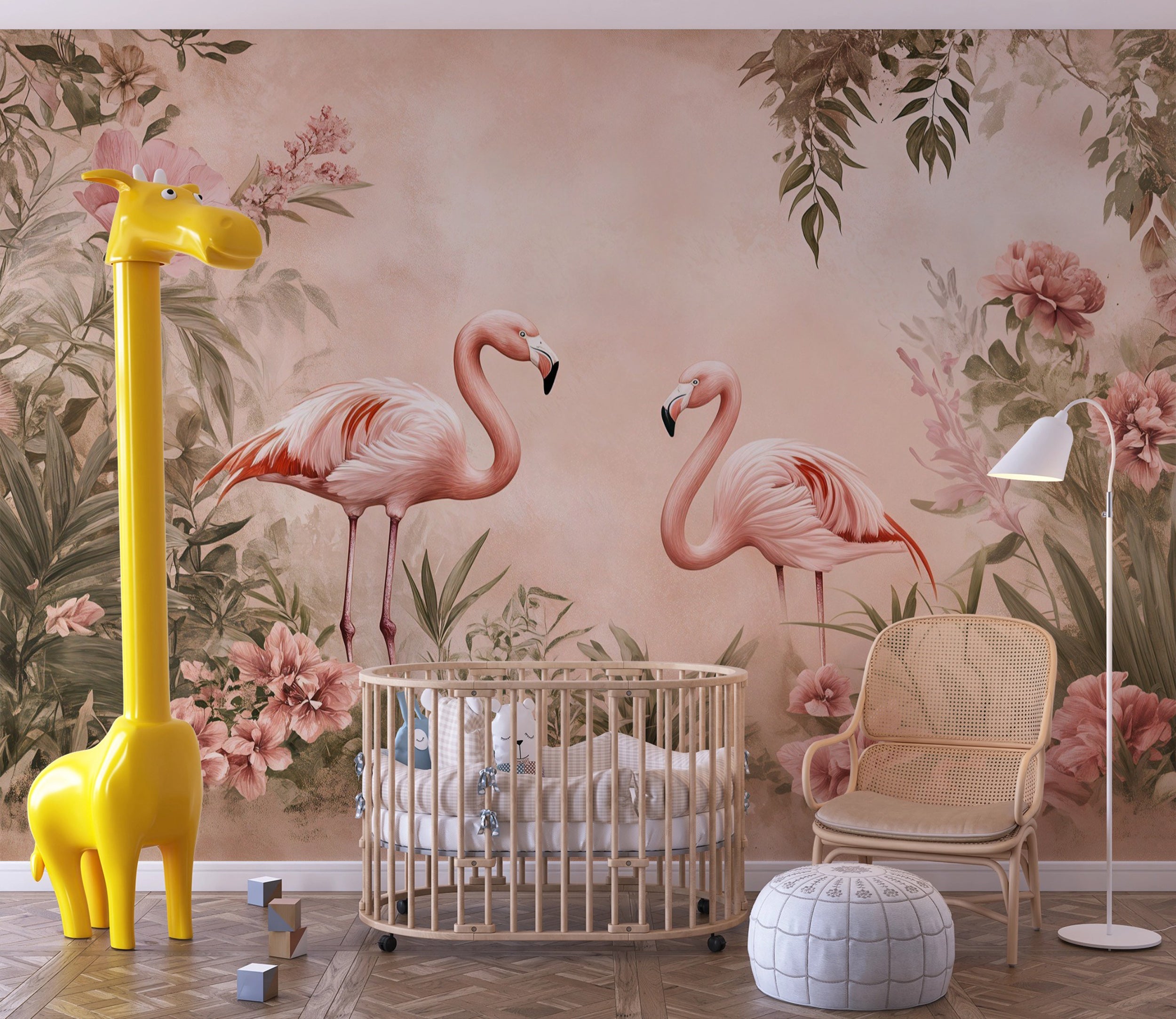 Flamingos Wallpaper, Large Soft Pink Flamingo Mural, Peel and Stick Botanical Coastal Wallpaper, Highly Detailed Birds Art