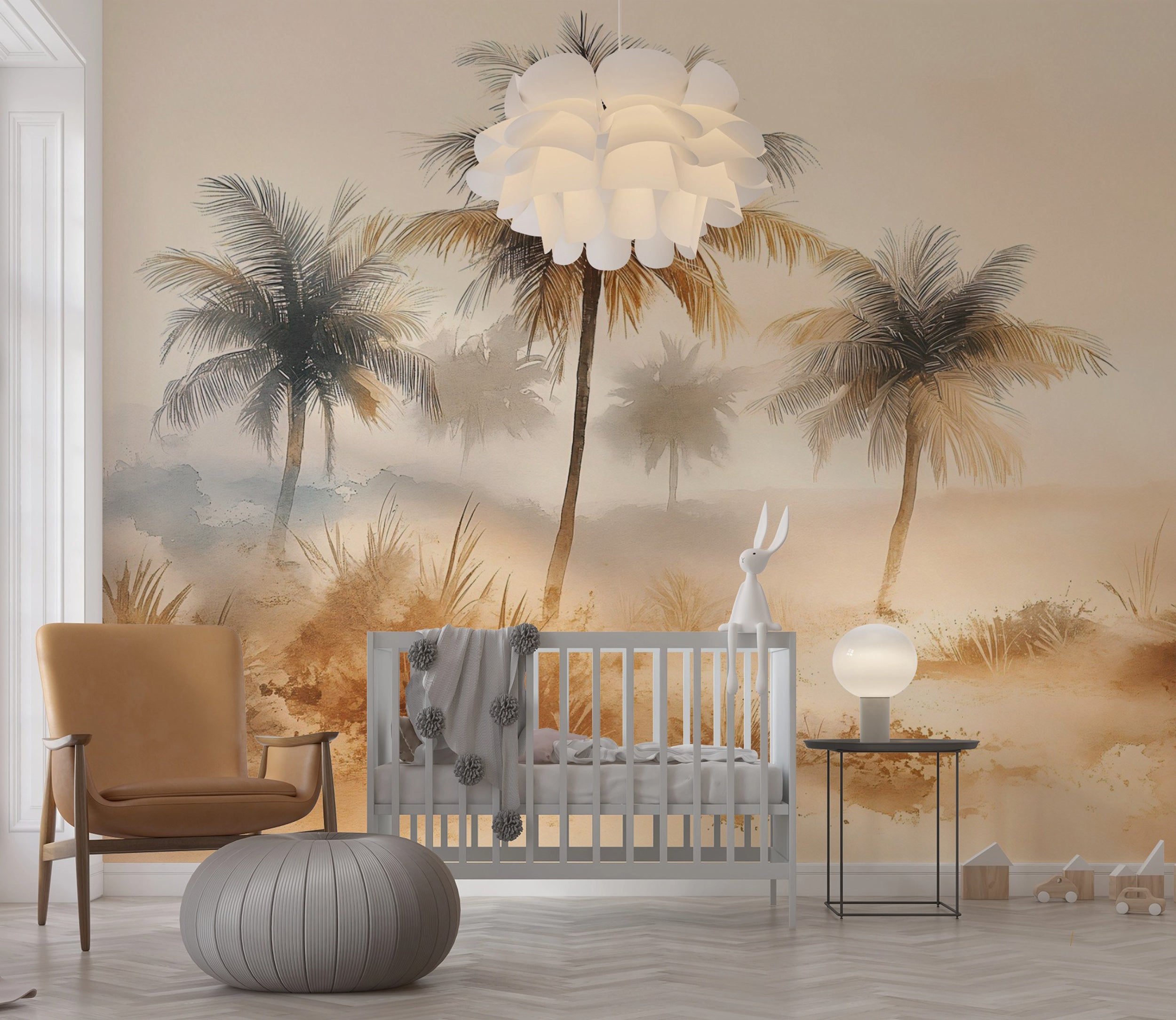 Palm Trees in Desert Wall Mural, Beige Watercolor Desert Landscape Wallpaper, Peel and Stick Accent Wall Neutral Wallpaper