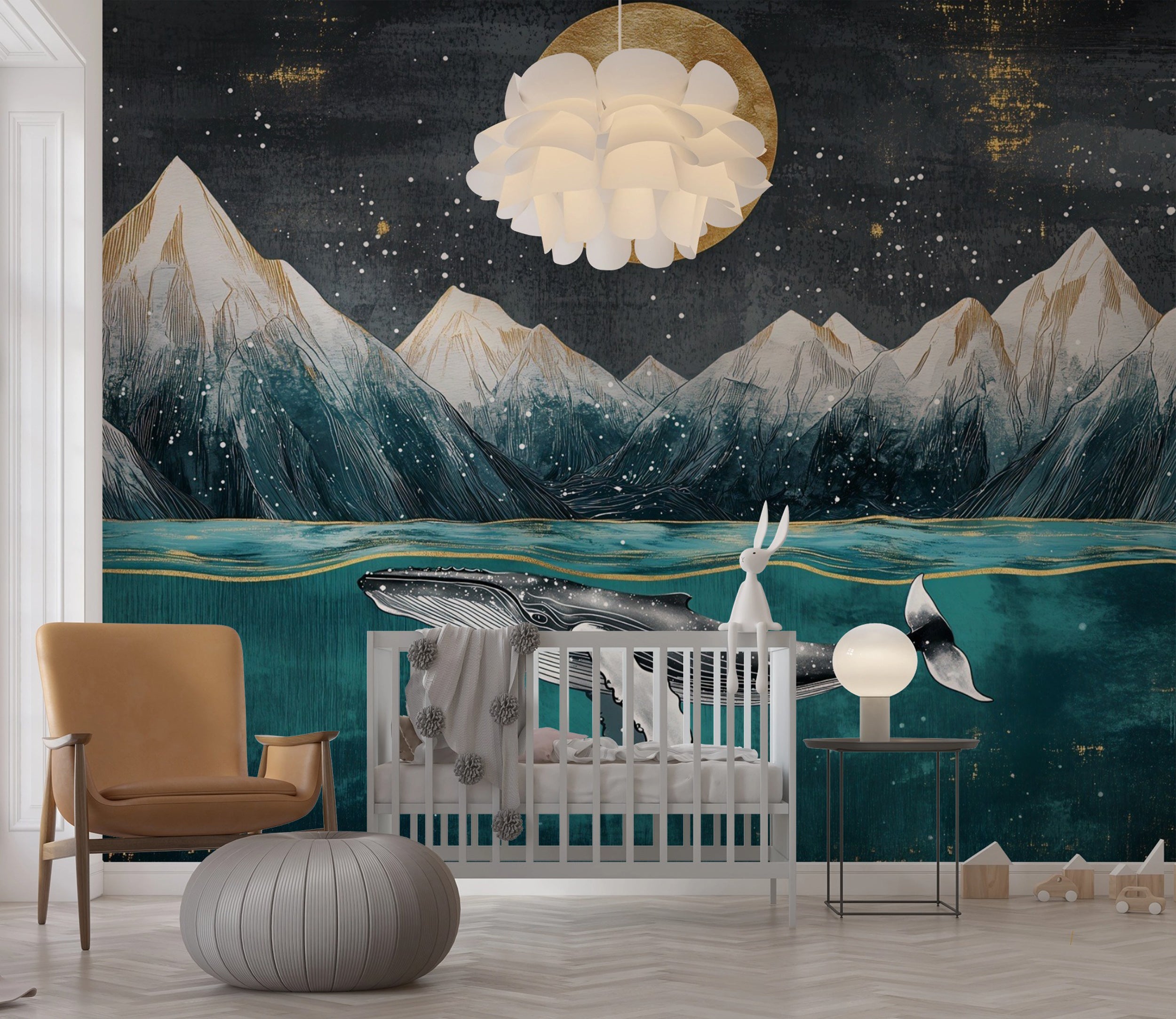 Whale and Mountains Art-Deco Wallpaper, Dark Abstract Whale Under the Water and Sun over the Mountains Mural, Peel and Stick Art