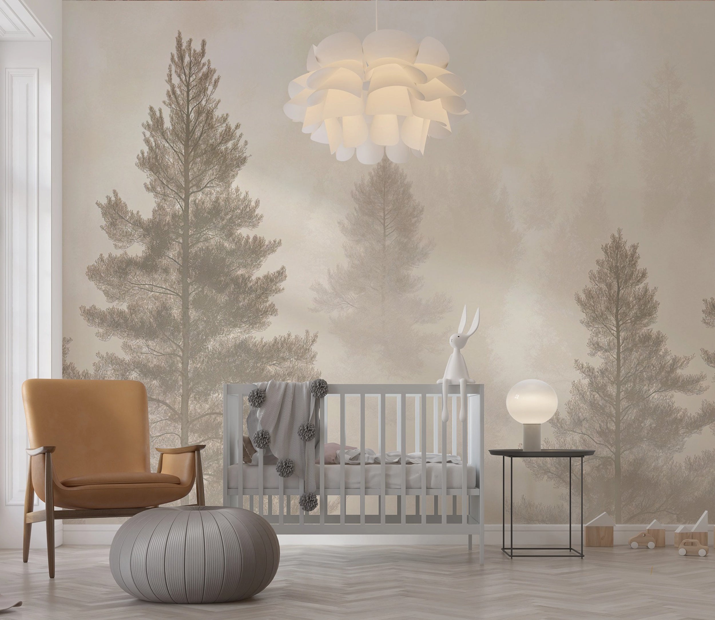 Beige monochrome pine forest mural for neutral decor Minimalist cream foggy forest wallpaper for calm spaces