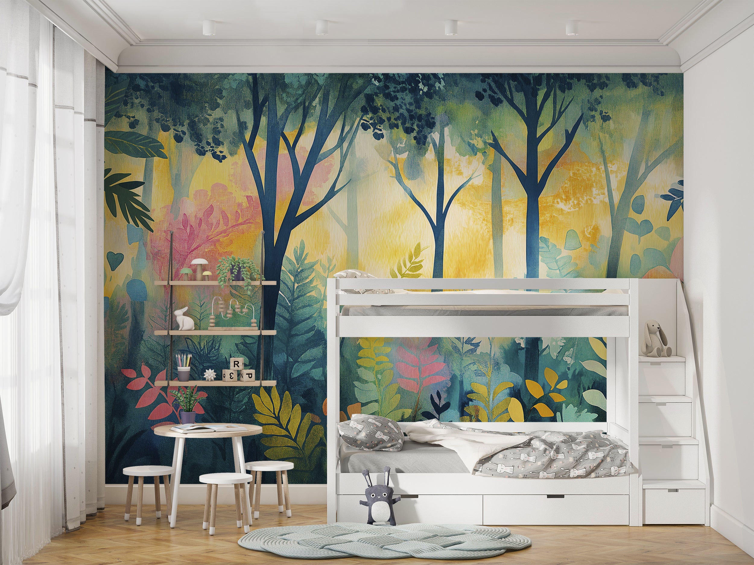 Removable green and yellow forest wallpaper for nurseries Lively watercolor woodland scene for home decor