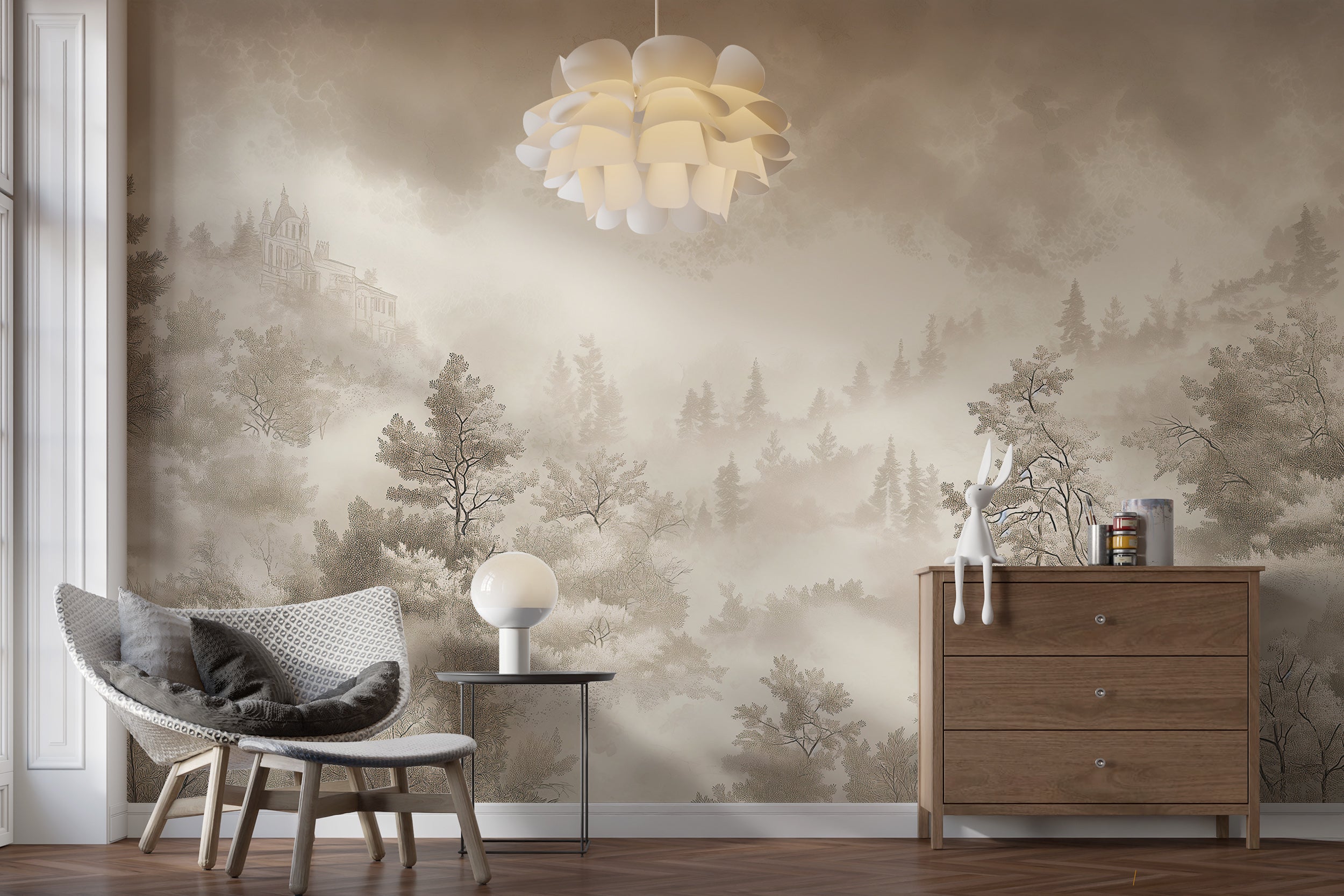 Calm and serene beige forest wall decor
Minimalist foggy forest mural for living room