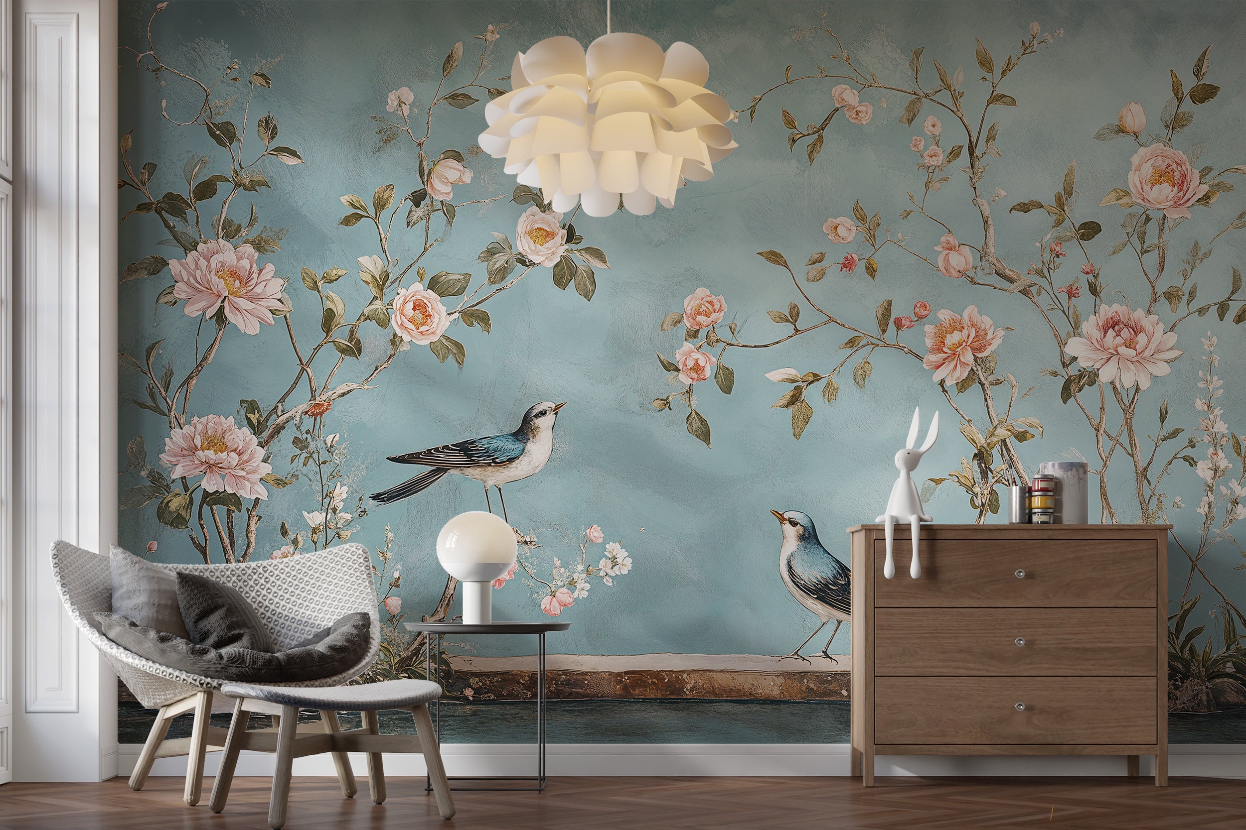 Soft blue Chinoiserie mural for elegant wall decor
Traditional Japanese wallpaper with flowers and birds