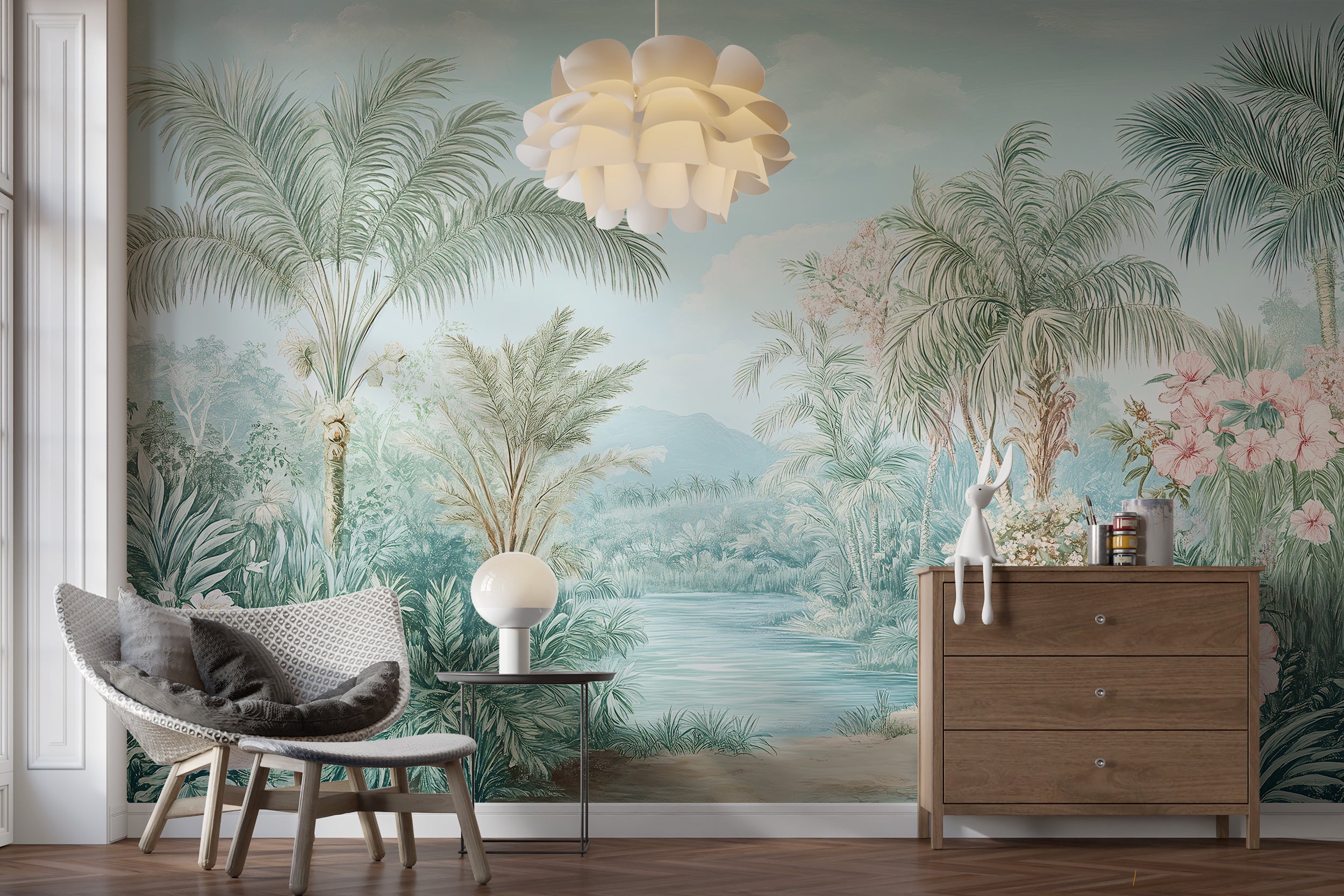 Serene jungle landscape mural with palm trees
Tropical forest mural for calming home decor