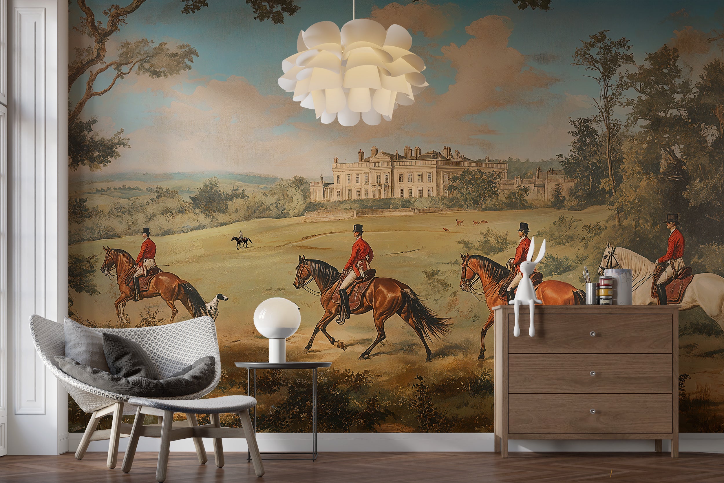 Classic landscape mural with hunting scene
Removable old world scenery wallpaper for living room